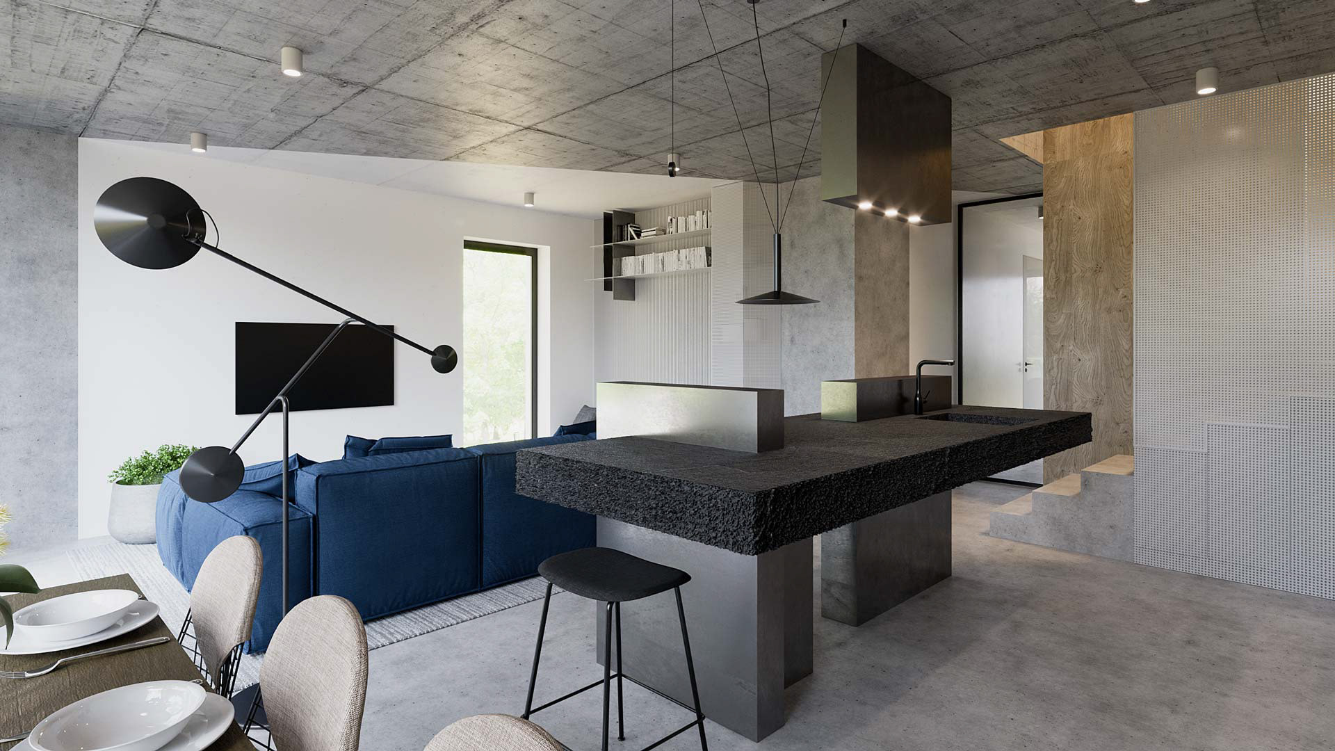 Vizualizace moderního interiéru bytu. Návrh SMLXL, vizualizace Tomáš Firla, firlavisual