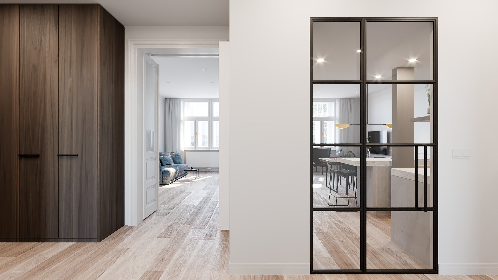 Vizualizace moderního interiéru bytu. Návrh SMLXL, vizualizace Tomáš Firla, firlavisual