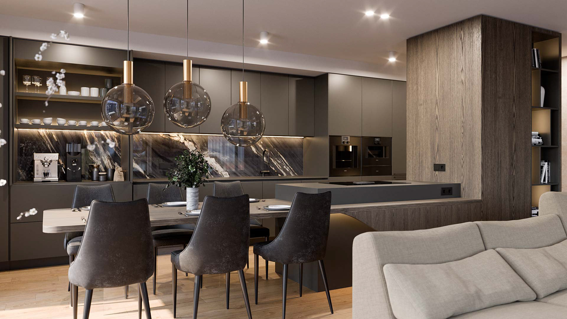 Vizualizace moderního interiéru bytu. u. Vizualizace Tomáš Firla firlavisual, návrh defakto architekti.