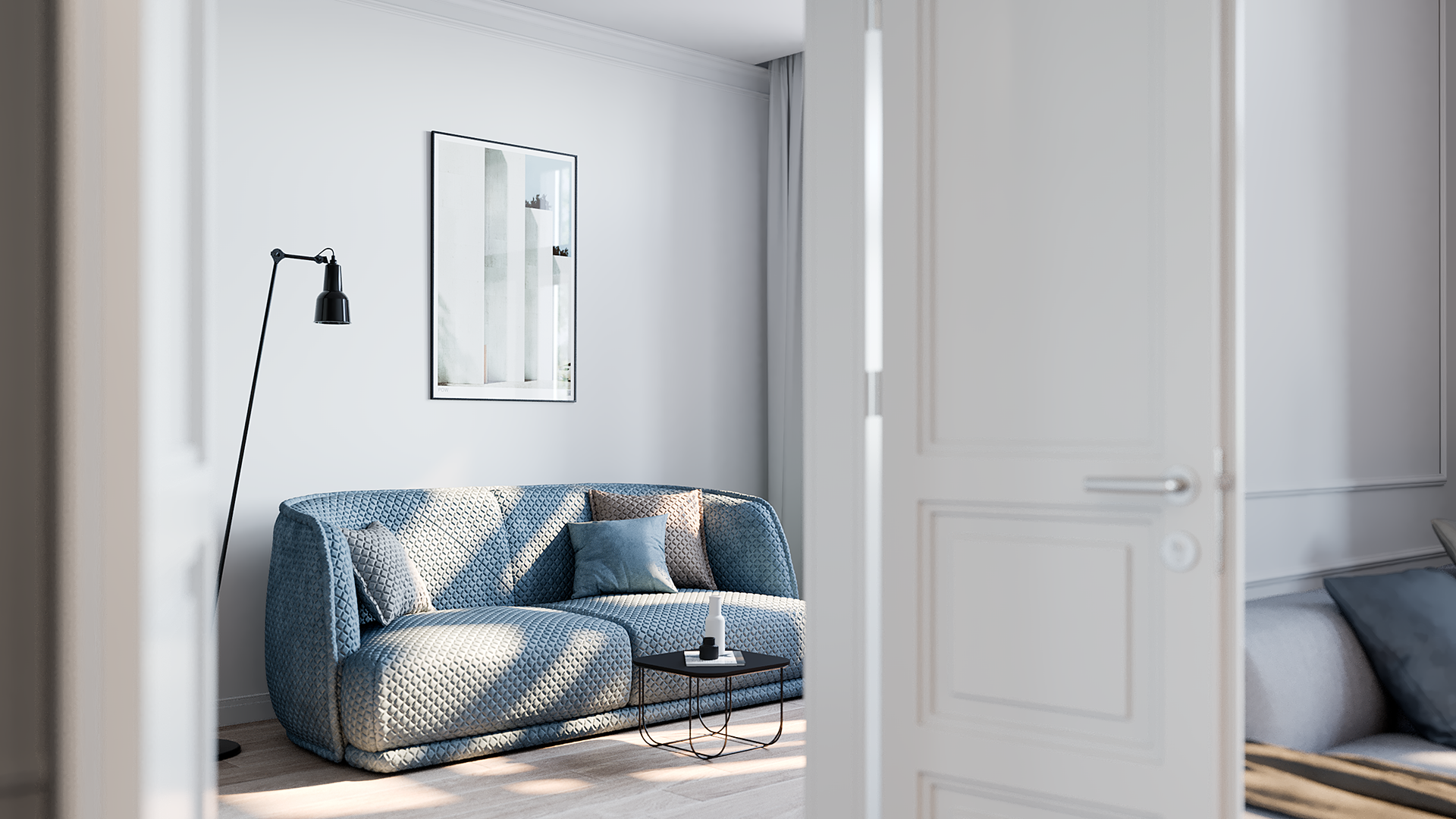 Vizualizace moderního interiéru bytu. Návrh SMLXL, vizualizace Tomáš Firla, firlavisual