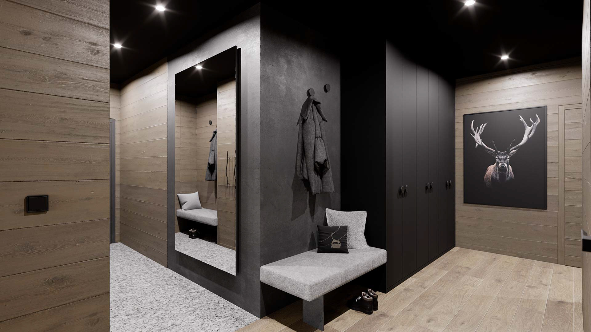 Vizualizace moderního interiéru horského apartmánu. Vizualizace Tomáš Firla firlavisual, návrh SMLXL architekti.