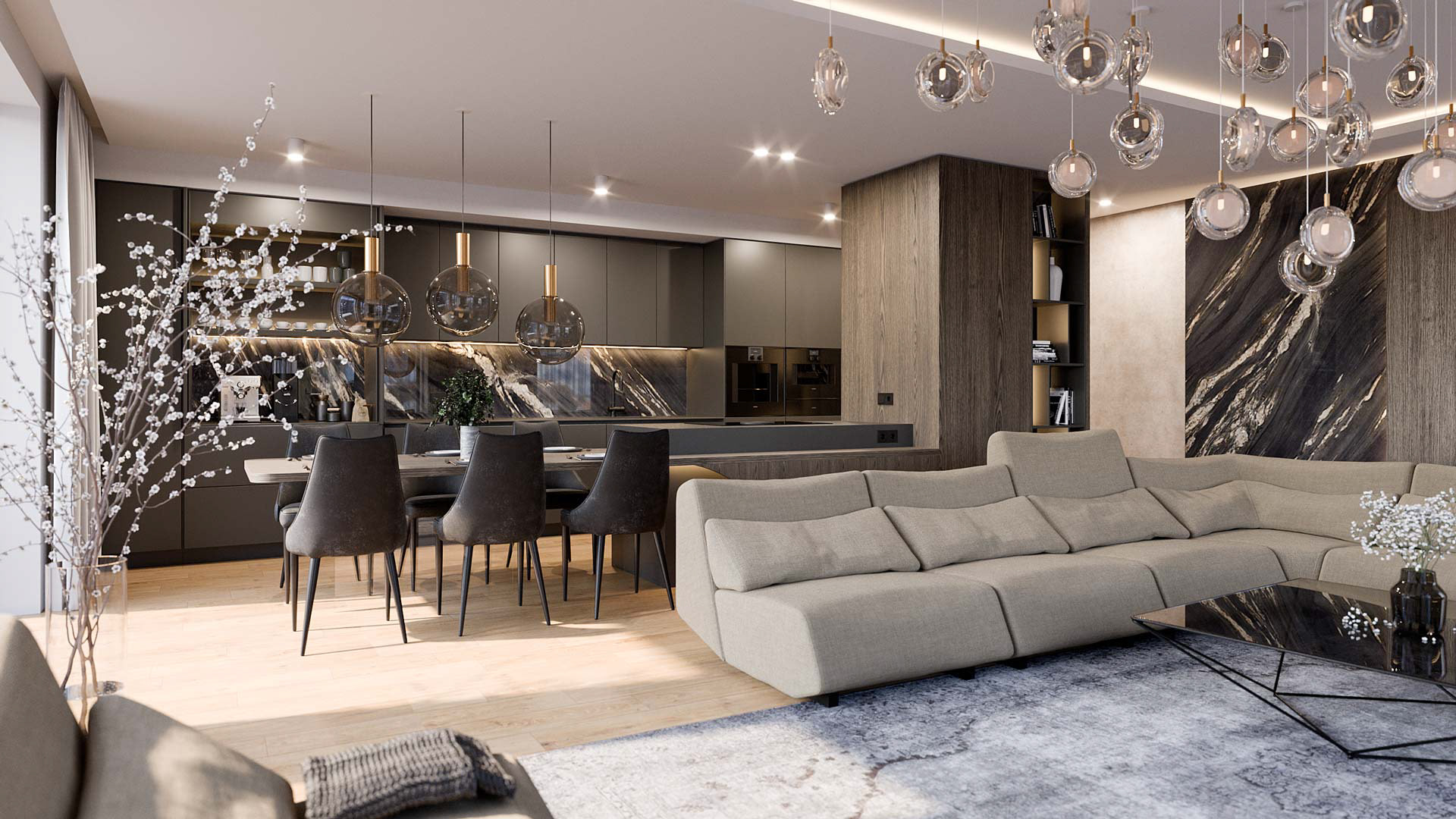 Vizualizace moderního interiéru bytu. u. Vizualizace Tomáš Firla firlavisual, návrh defakto architekti.