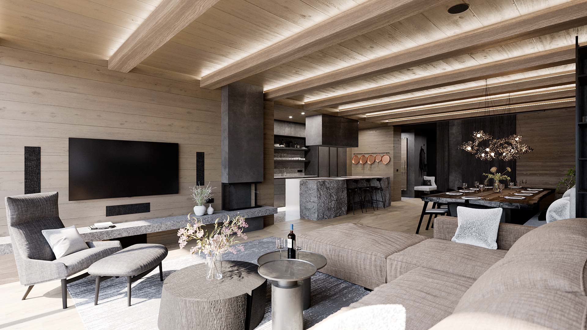 Vizualizace moderního interiéru horského apartmánu. Vizualizace Tomáš Firla firlavisual, návrh SMLXL architekti.