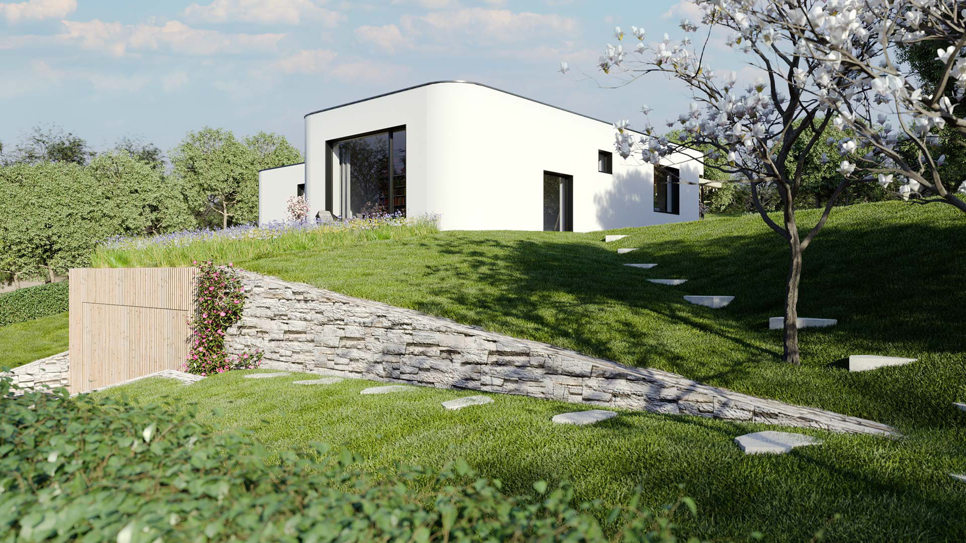 Vizualizace exteriéru moderního domu. Vizualizace Tomáš Firla firlavisual, návrh architekt Ondřej Červenka
