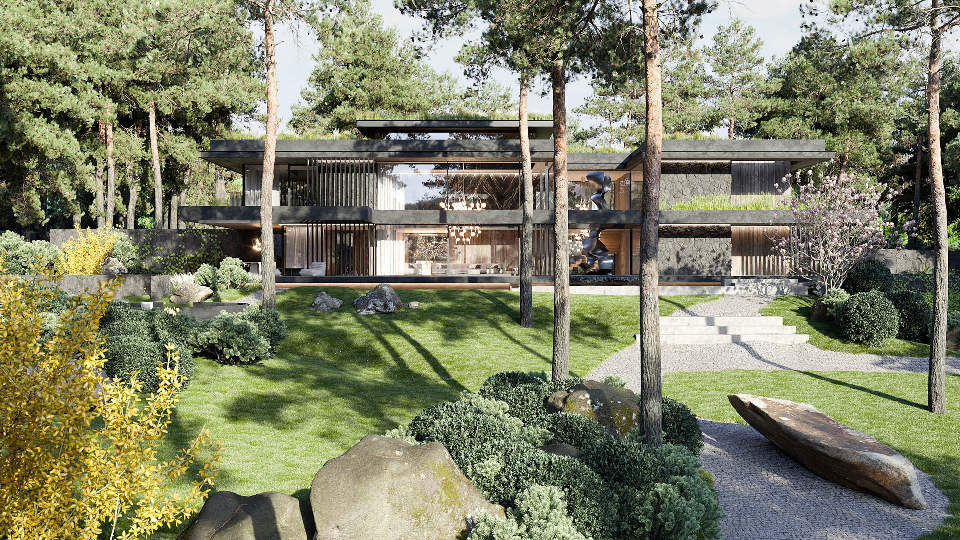 Vizualizace exteriéru moderního domu. Vizualizace Tomáš Firla firlavisual, návrh defakto architekti