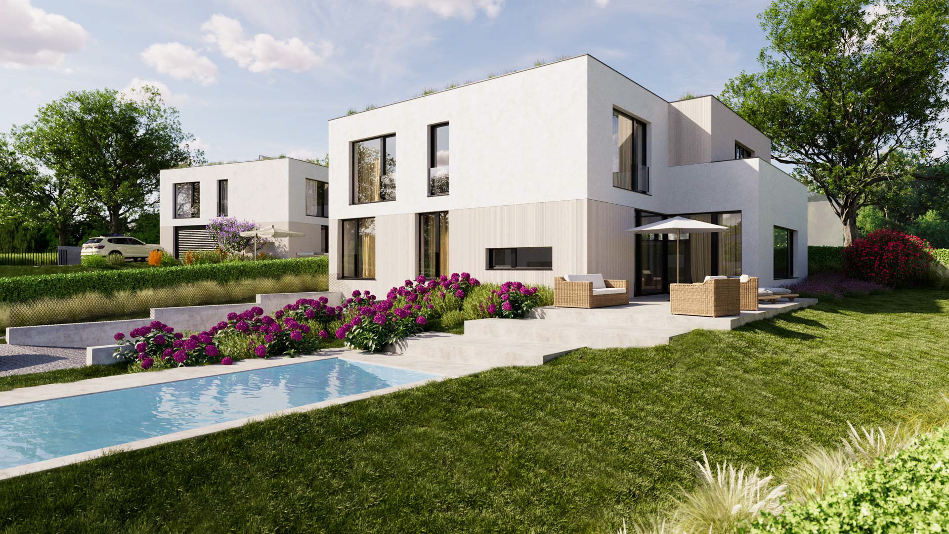 Vizualizace exteriéru zástavby moderních domů..Vizualizace Tomáš Firla firlavisual, návrh architekt Pavel Fanta