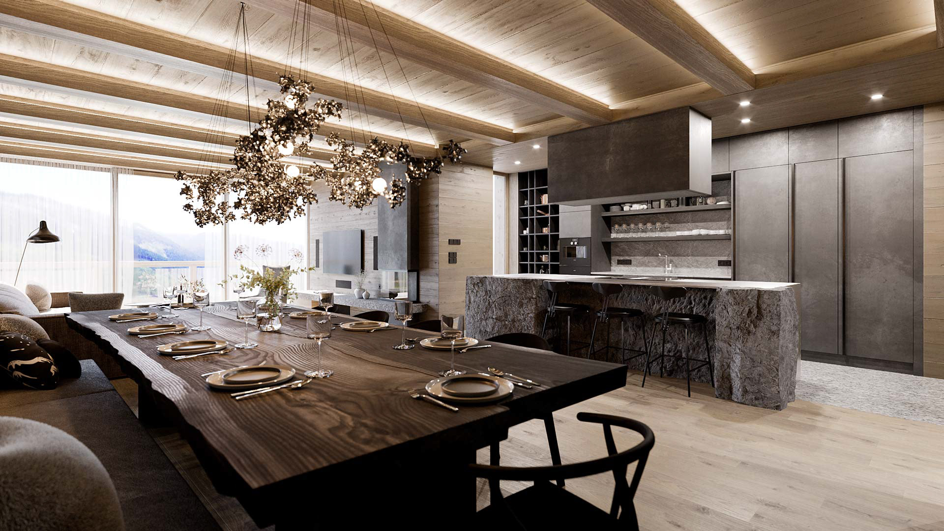 Vizualizace moderního interiéru horského apartmánu. Vizualizace Tomáš Firla firlavisual, návrh SMLXL architekti.