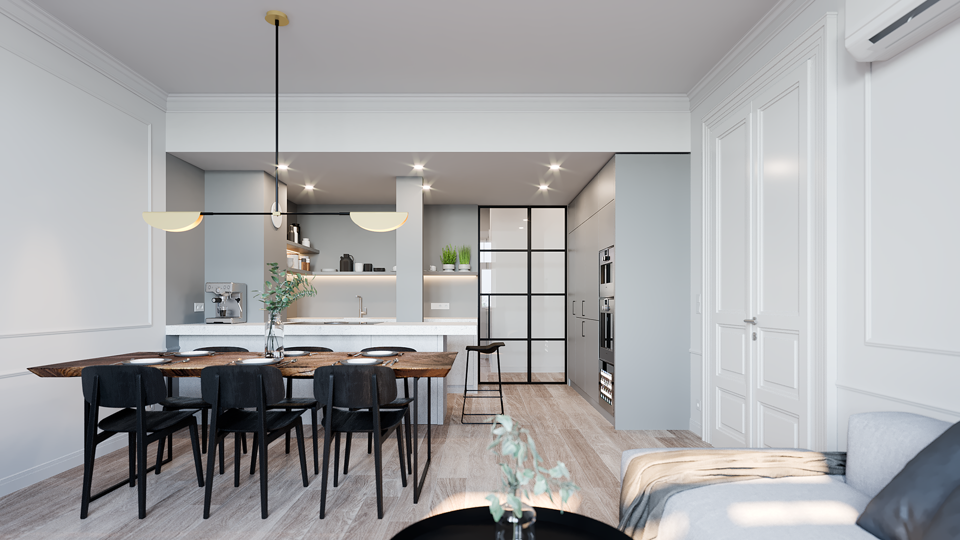 Vizualizace moderního interiéru bytu. Návrh SMLXL, vizualizace Tomáš Firla, firlavisual