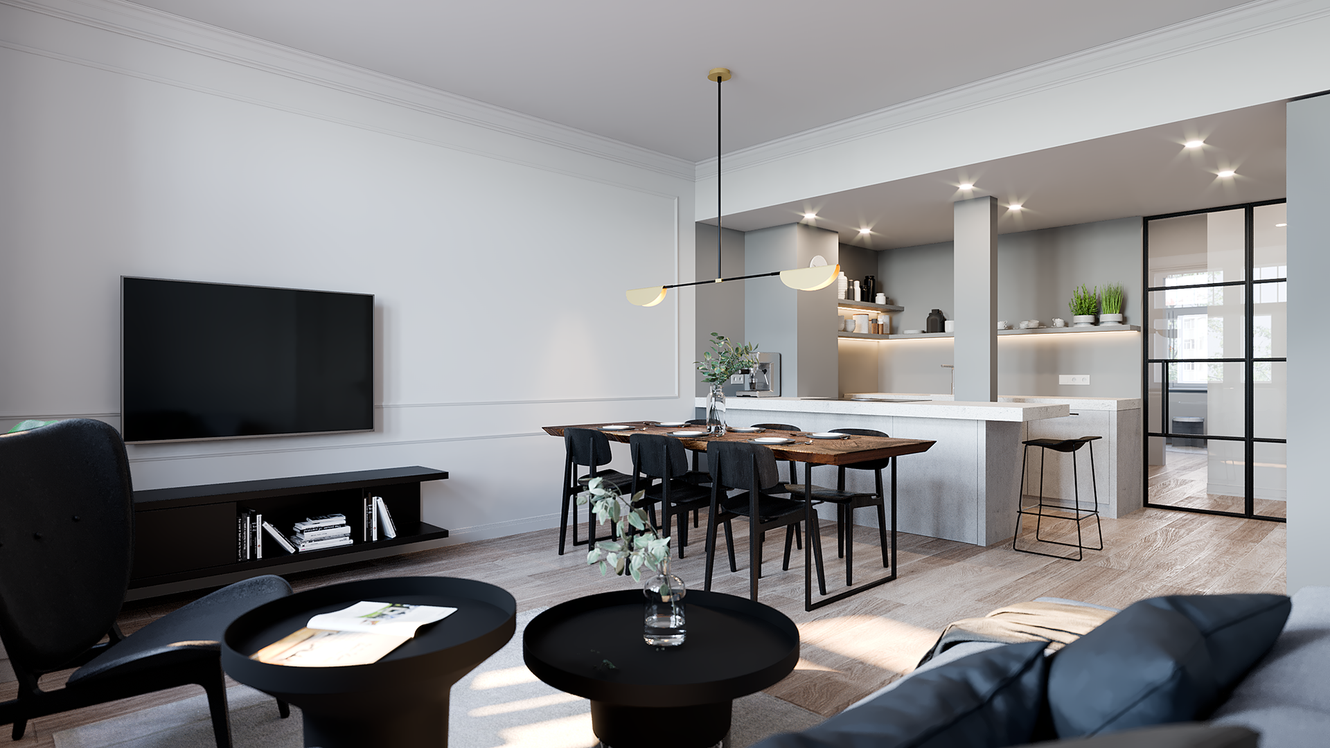 Vizualizace moderního interiéru bytu. Návrh SMLXL, vizualizace Tomáš Firla, firlavisual