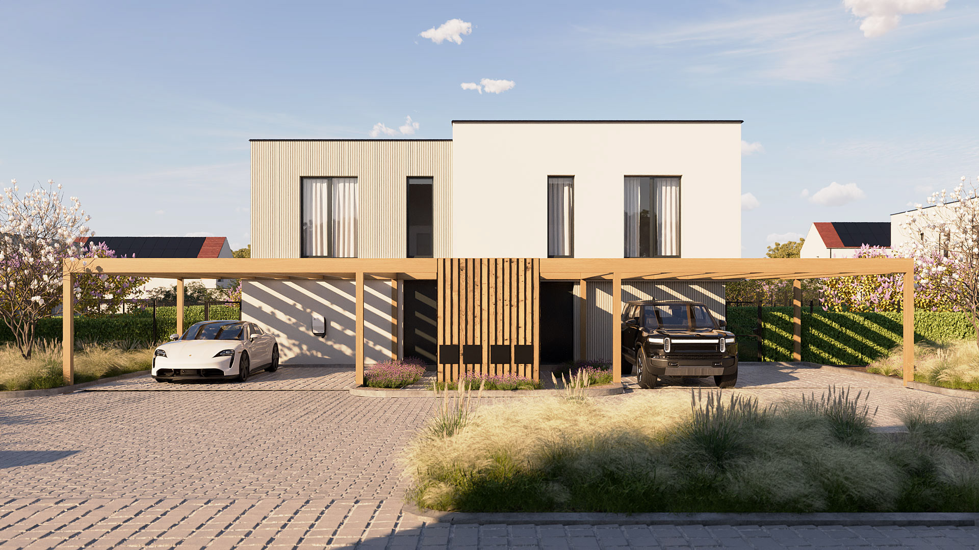 Vizualizace exteriéru zástavby moderních domů..Vizualizace Tomáš Firla firlavisual, návrh EXA architekti