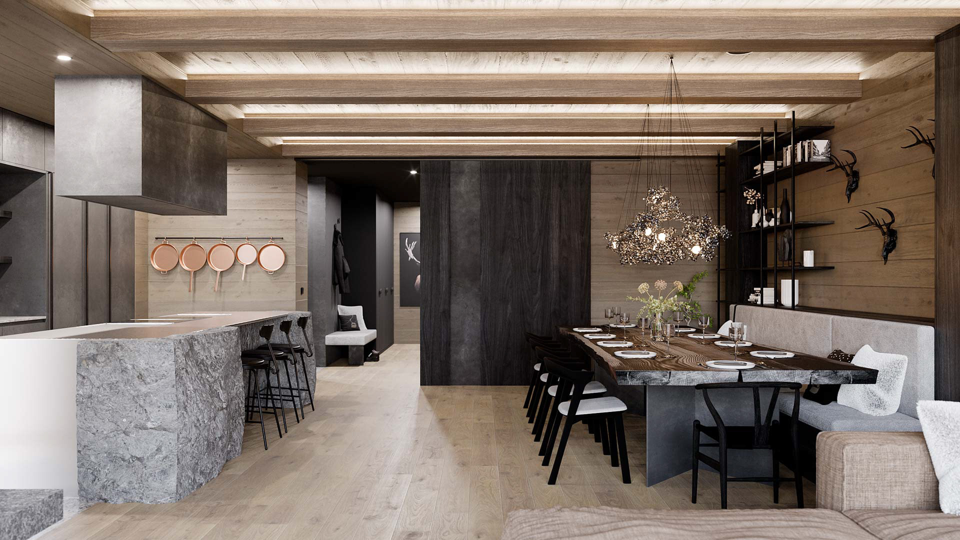 Vizualizace moderního interiéru horského apartmánu. Vizualizace Tomáš Firla firlavisual, návrh SMLXL architekti.