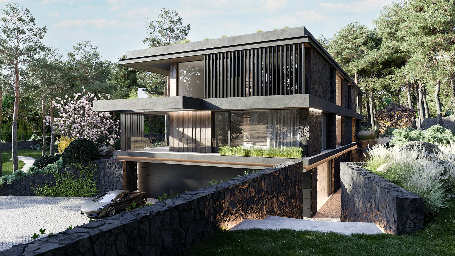 Vizualizace exteriéru moderního domu. Vizualizace Tomáš Firla firlavisual, návrh defakto architekti