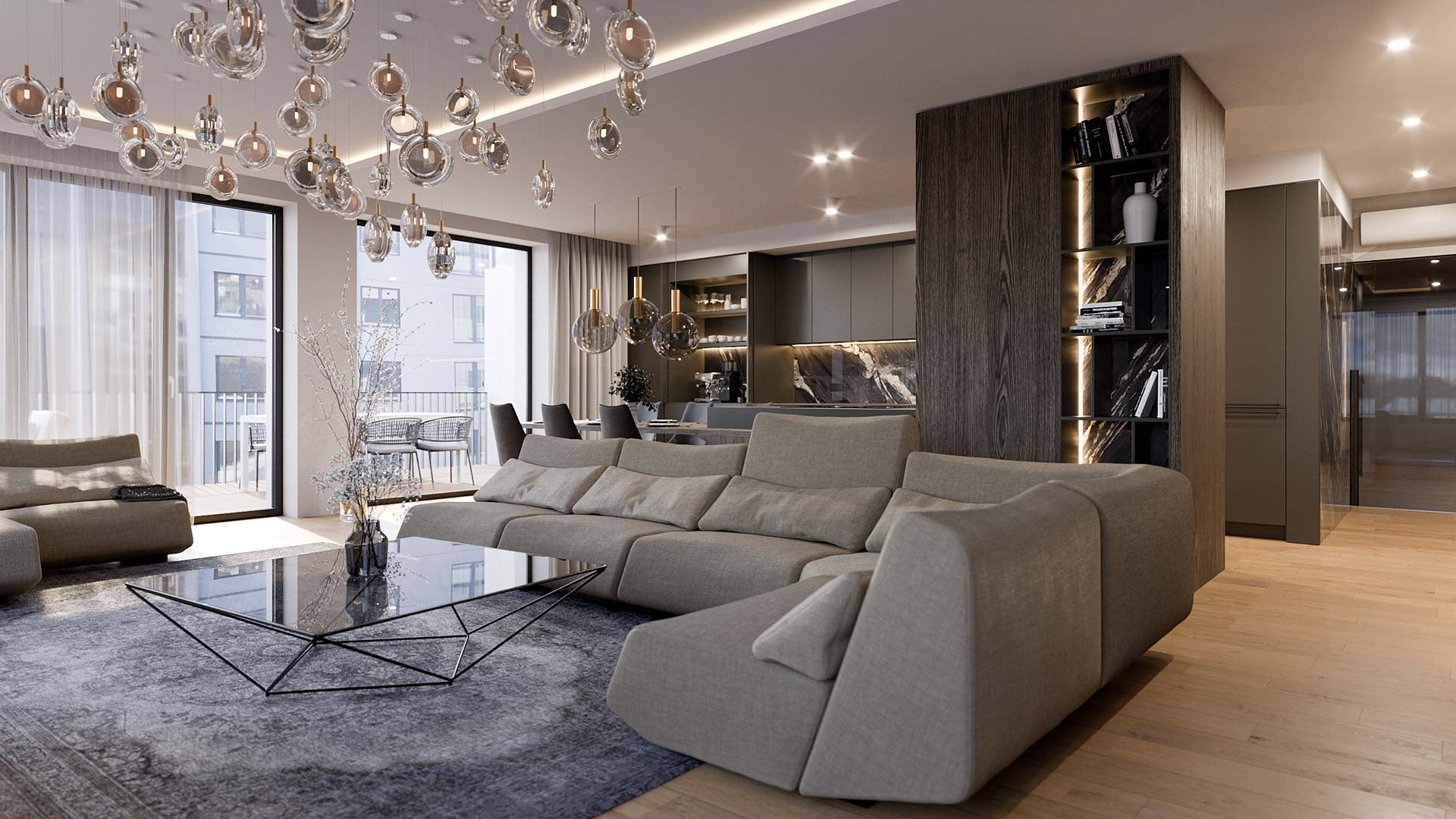 Vizualizace moderního interiéru bytu. u. Vizualizace Tomáš Firla firlavisual, návrh defakto architekti.