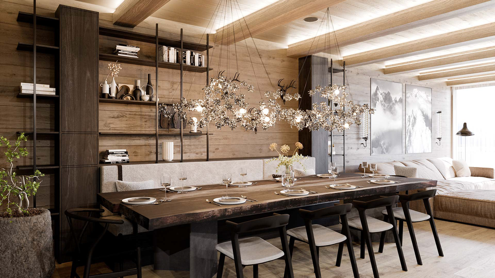 Vizualizace moderního interiéru horského apartmánu. Vizualizace Tomáš Firla firlavisual, návrh SMLXL architekti.