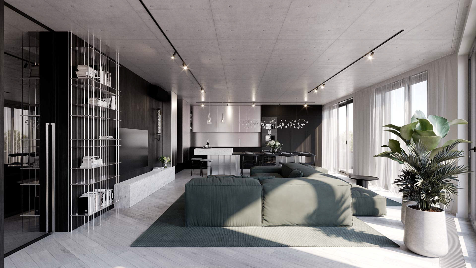 Vizualizace moderního interiéru bytu. Návrh SMLXL, vizualizace Tomáš Firla, firlavisual