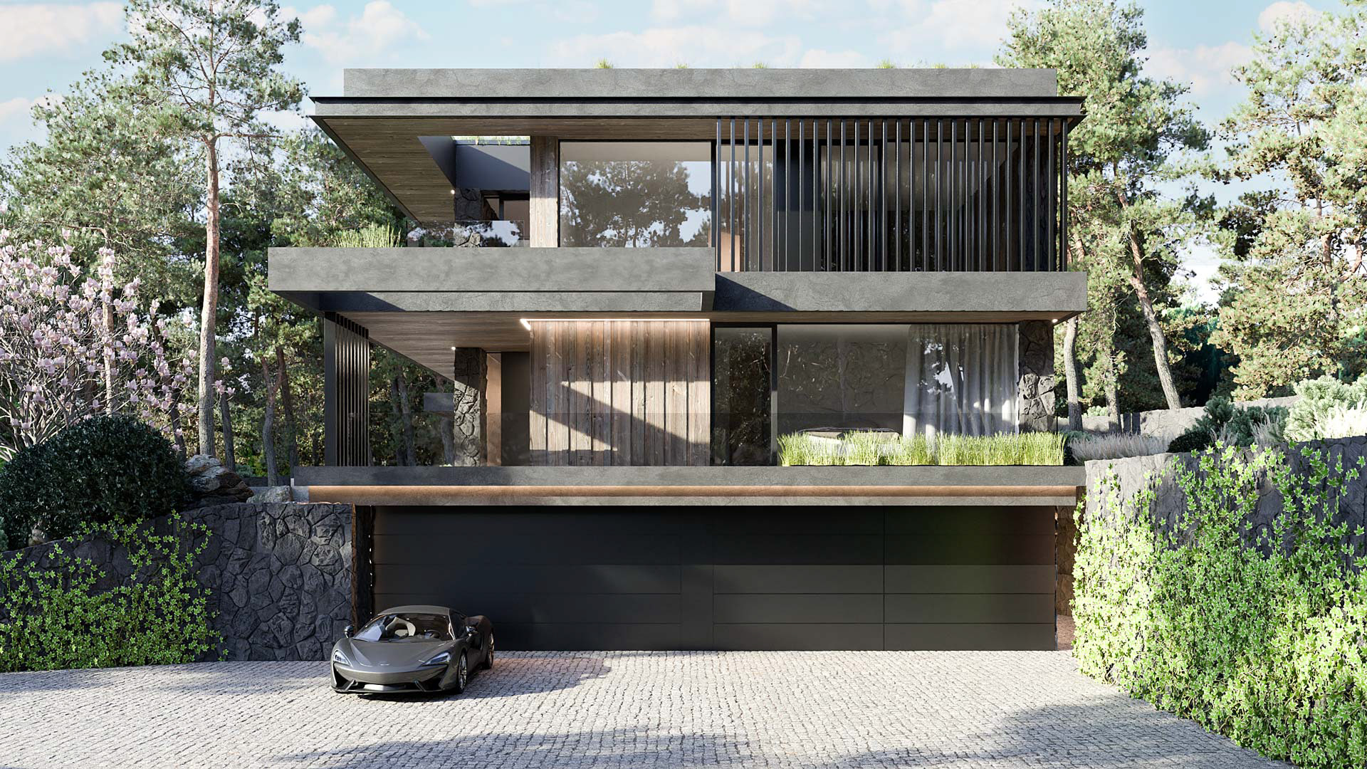 Vizualizace exteriéru moderního domu. Vizualizace Tomáš Firla firlavisual, návrh defakto architekti