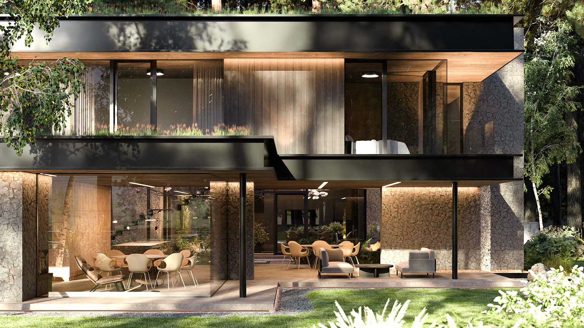 Vizualizace exteriéru moderního domu. Vizualizace Tomáš Firla firlavisual, návrh defakto architekti