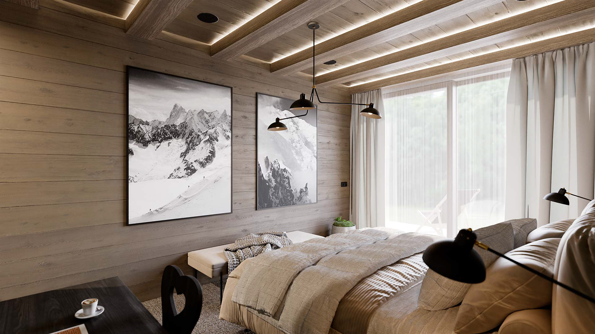 Vizualizace moderního interiéru ložnice horského apartmánu. Vizualizace Tomáš Firla firlavisual, návrh SMLXL architekti.