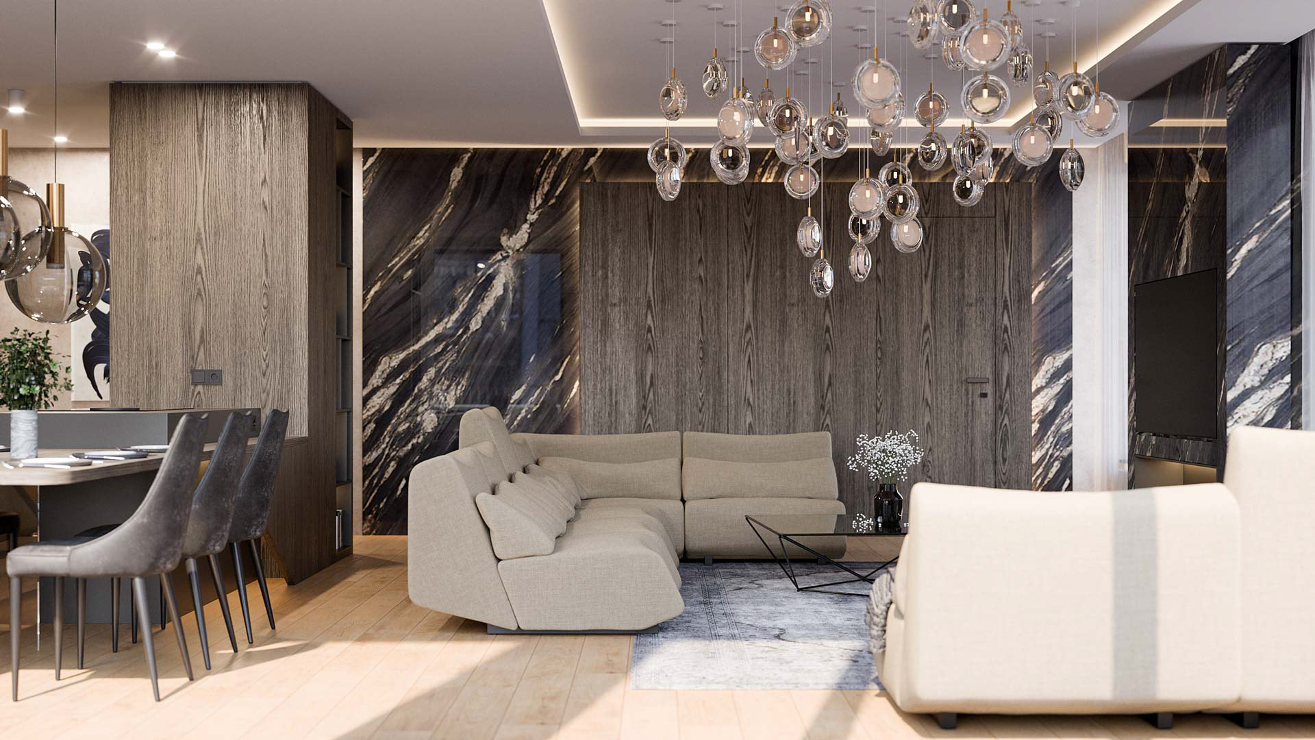 Vizualizace moderního interiéru bytu. u. Vizualizace Tomáš Firla firlavisual, návrh defakto architekti.