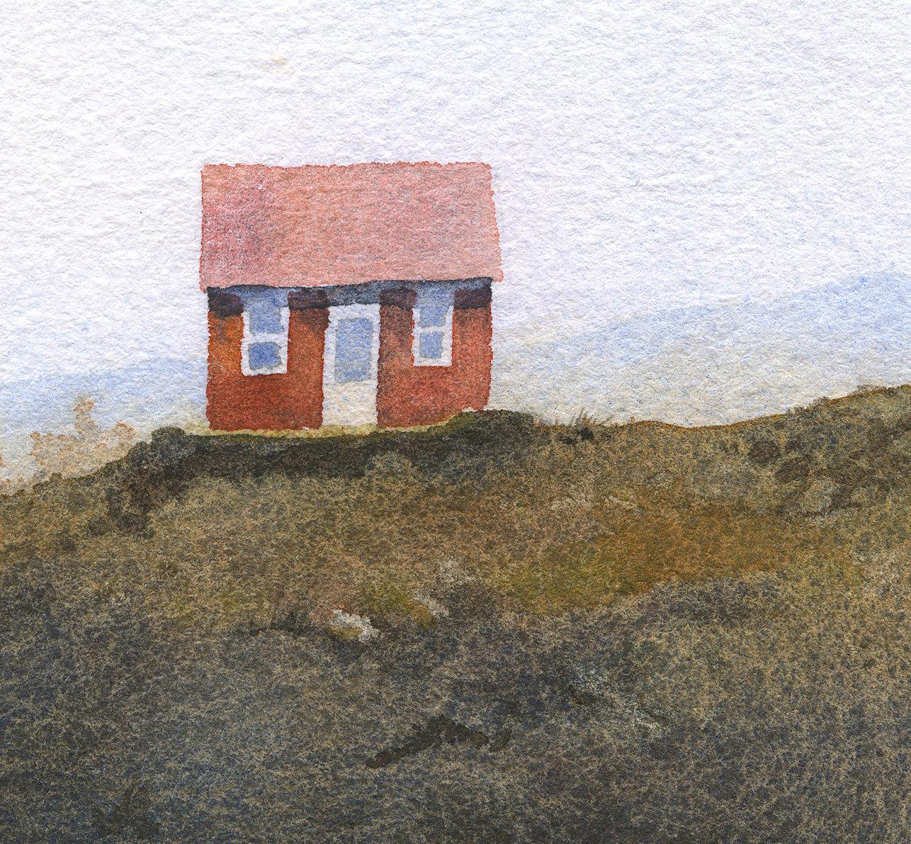 watercolor artwork of a small house on a hillside