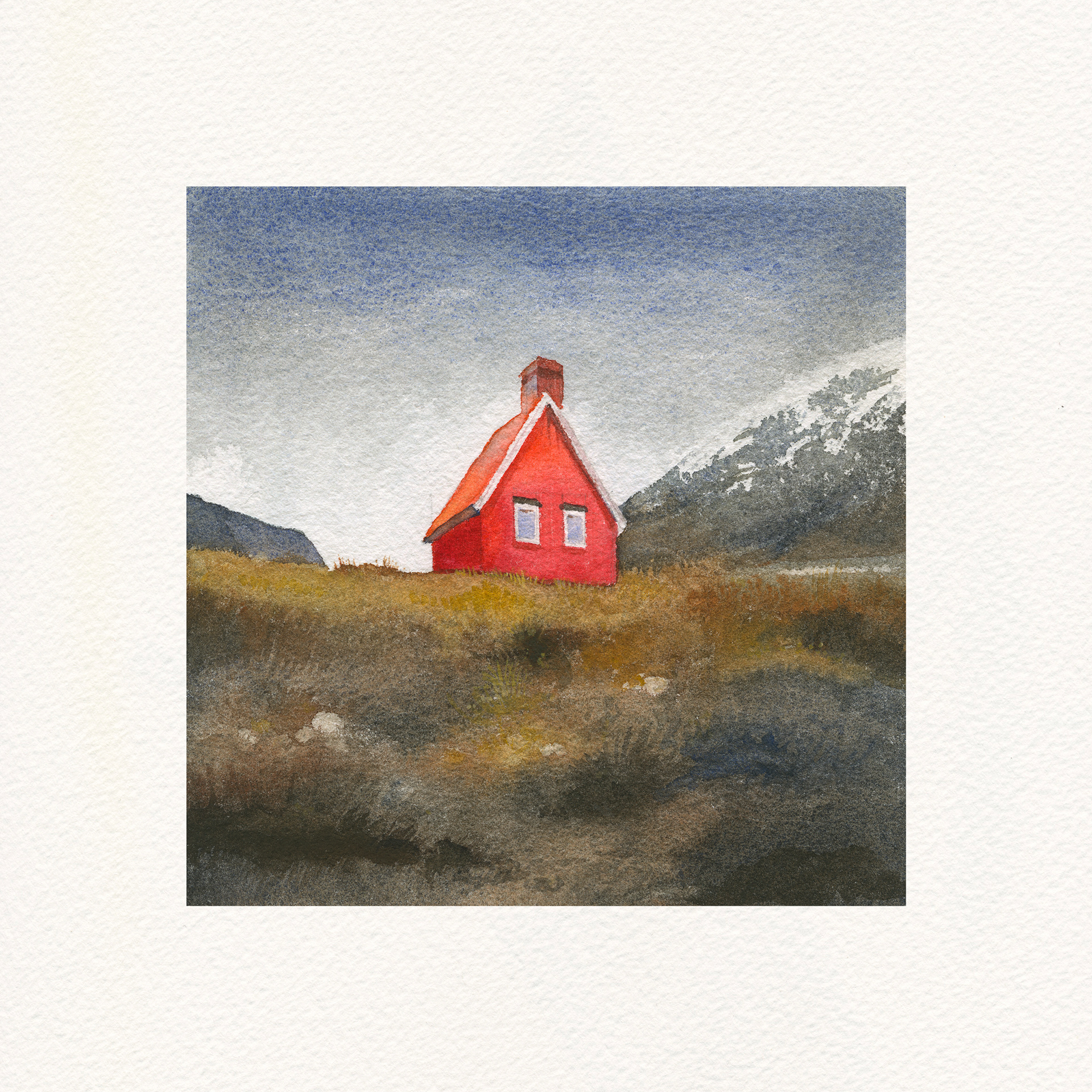 Watercolor artwork of a red house in a field with mountains