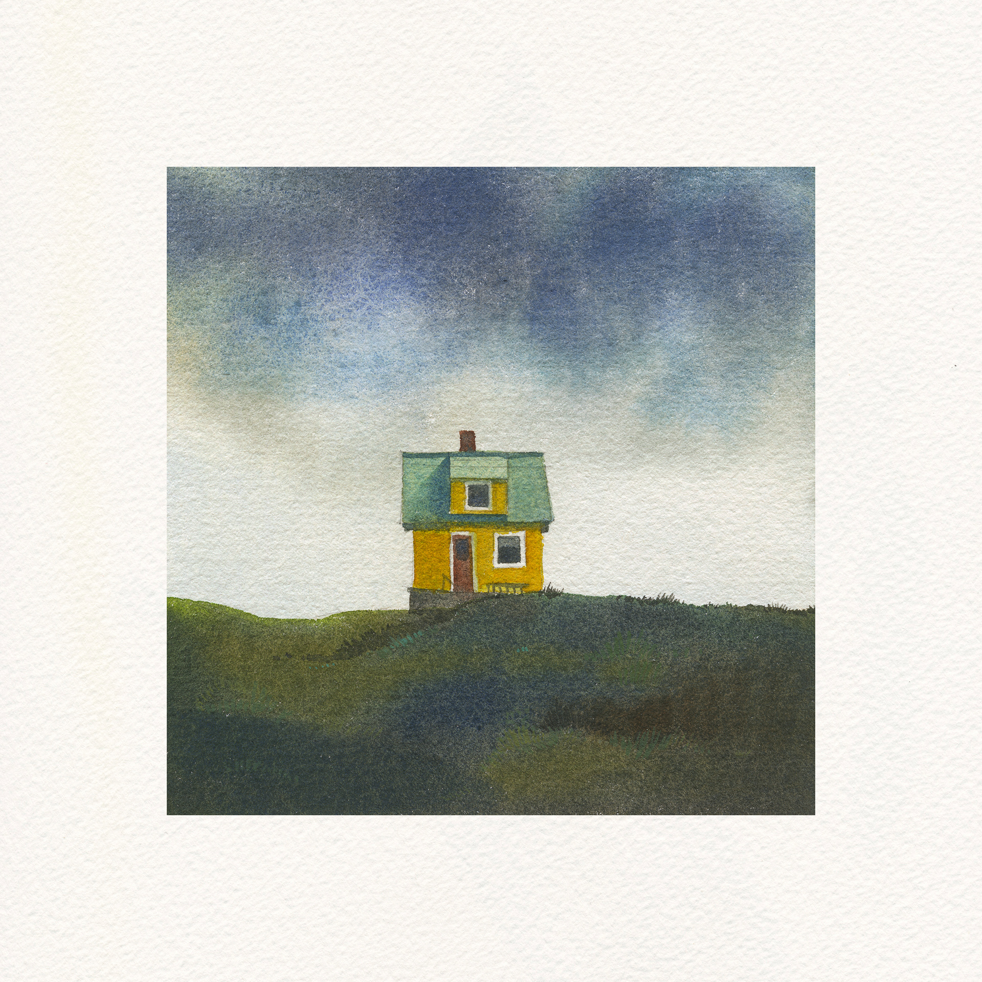 watercolor artwork of a yellow house on a hill with a dramatic blue sky.