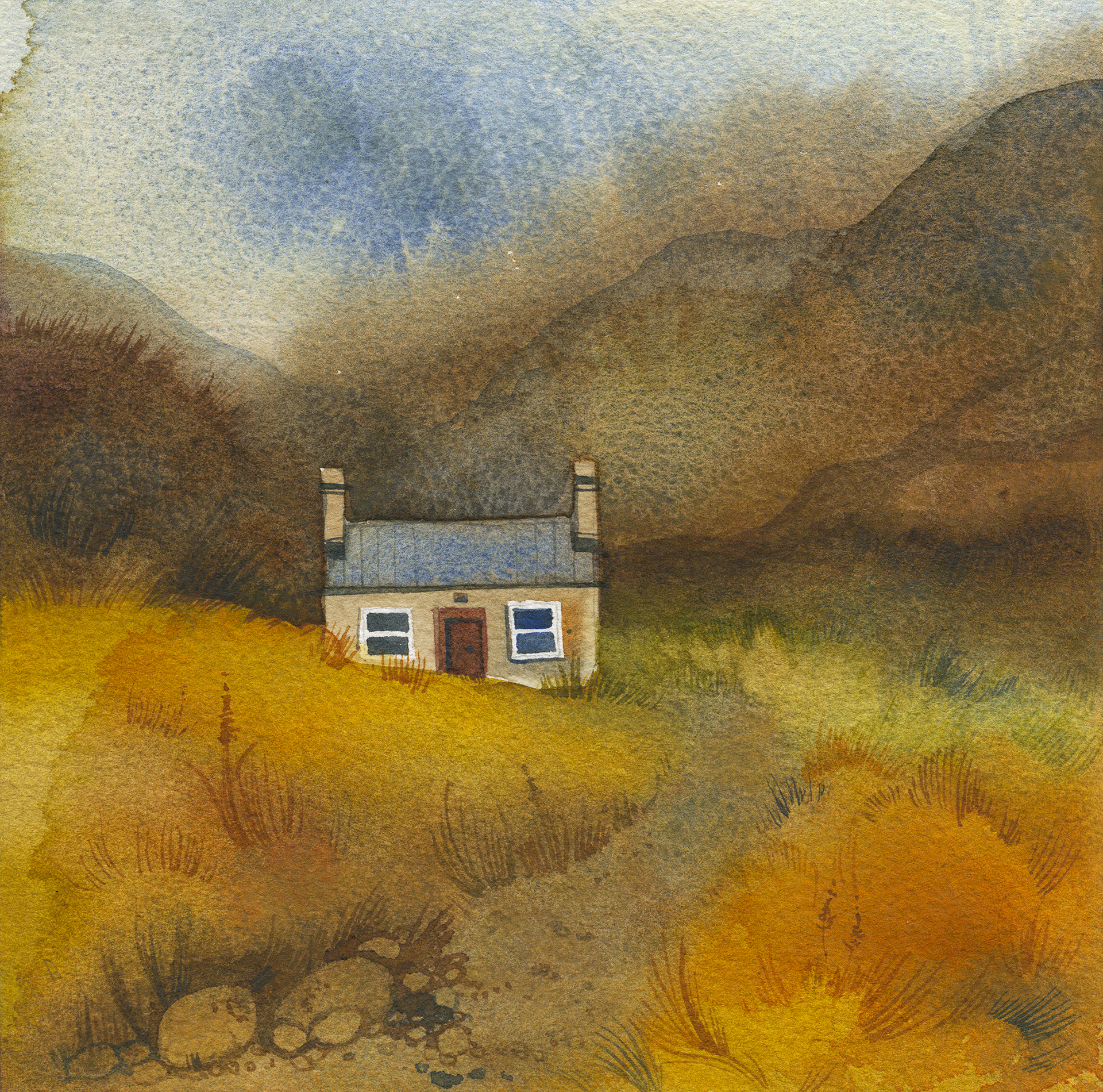 watercolor landscape painting of a small house in a field with mountains in the background