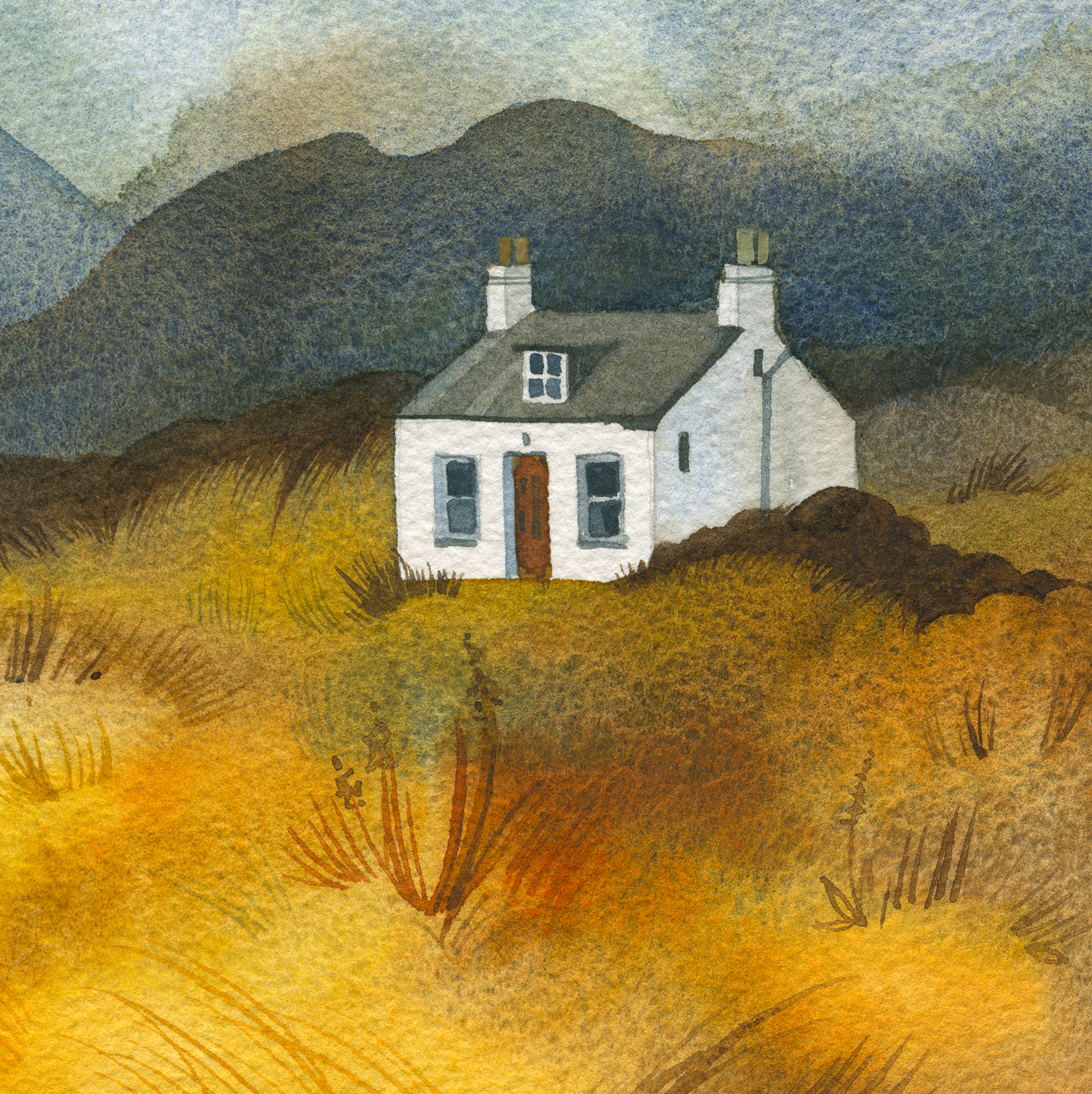 watercolor landscape with a Small white house in a scenic field landscape with mountains and grass.
