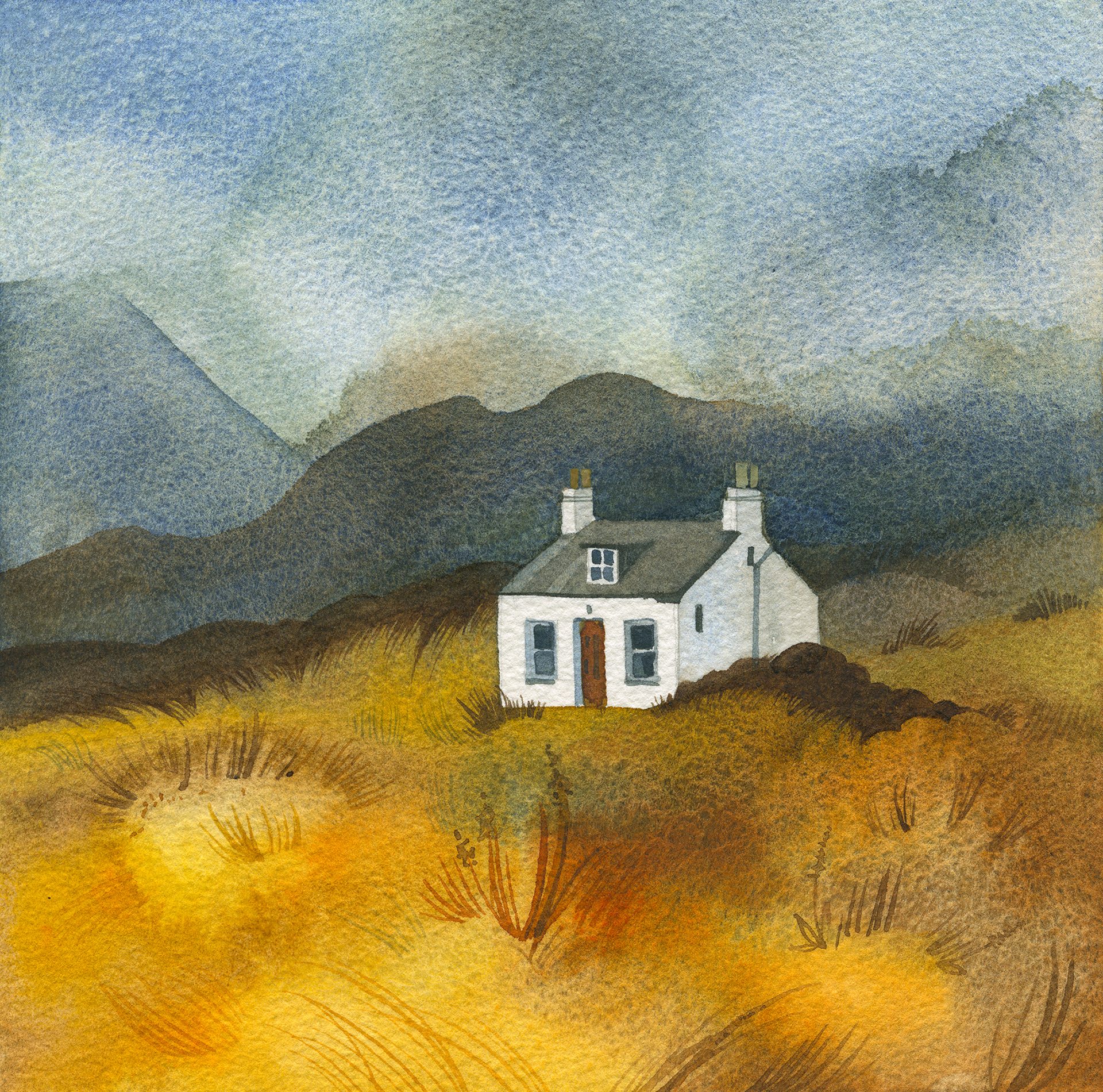 watercolor painting with a small white house in a scenic field landscape with mountains and grass.
