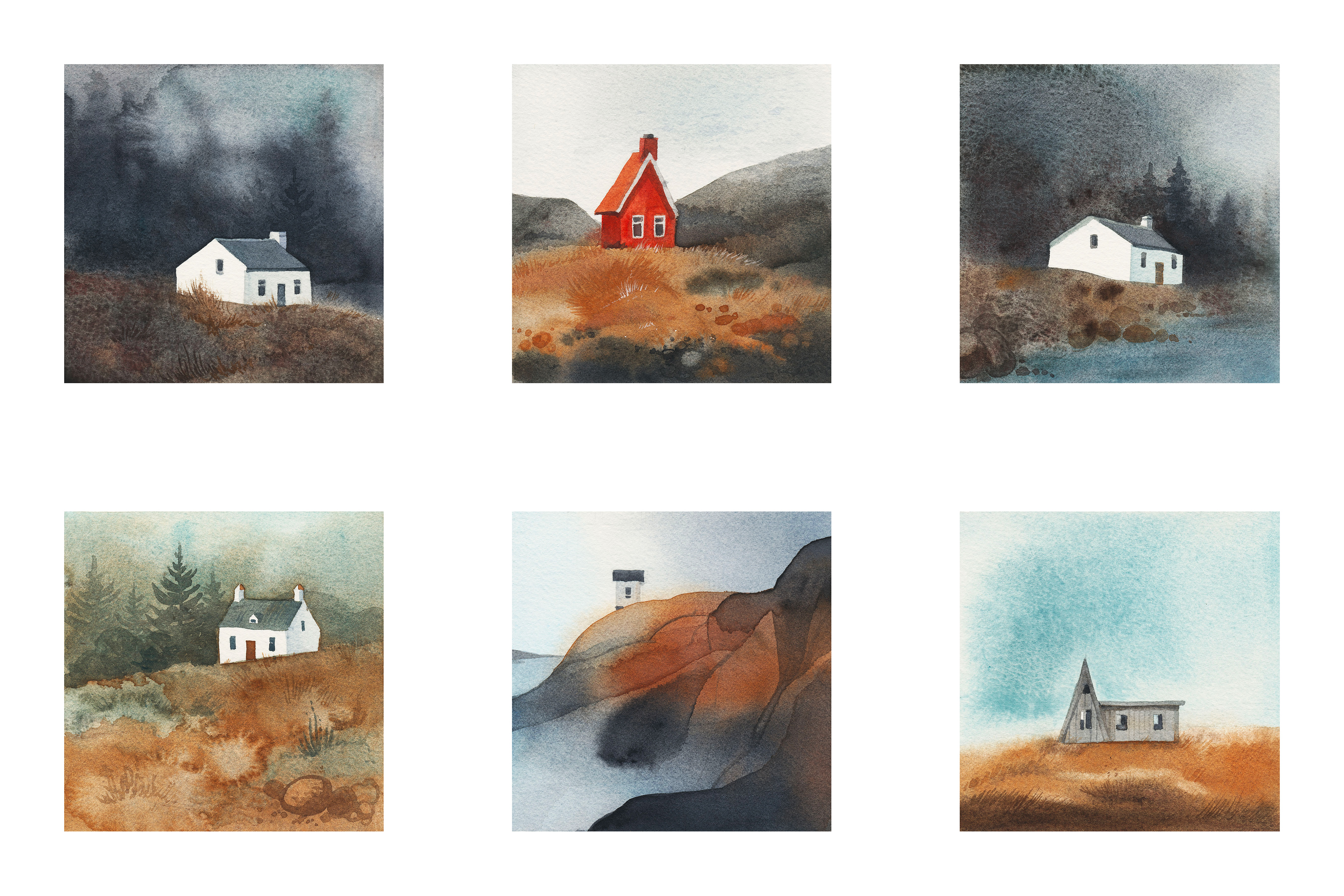 Set of six watercolor artworks depicting various landscapes with houses 