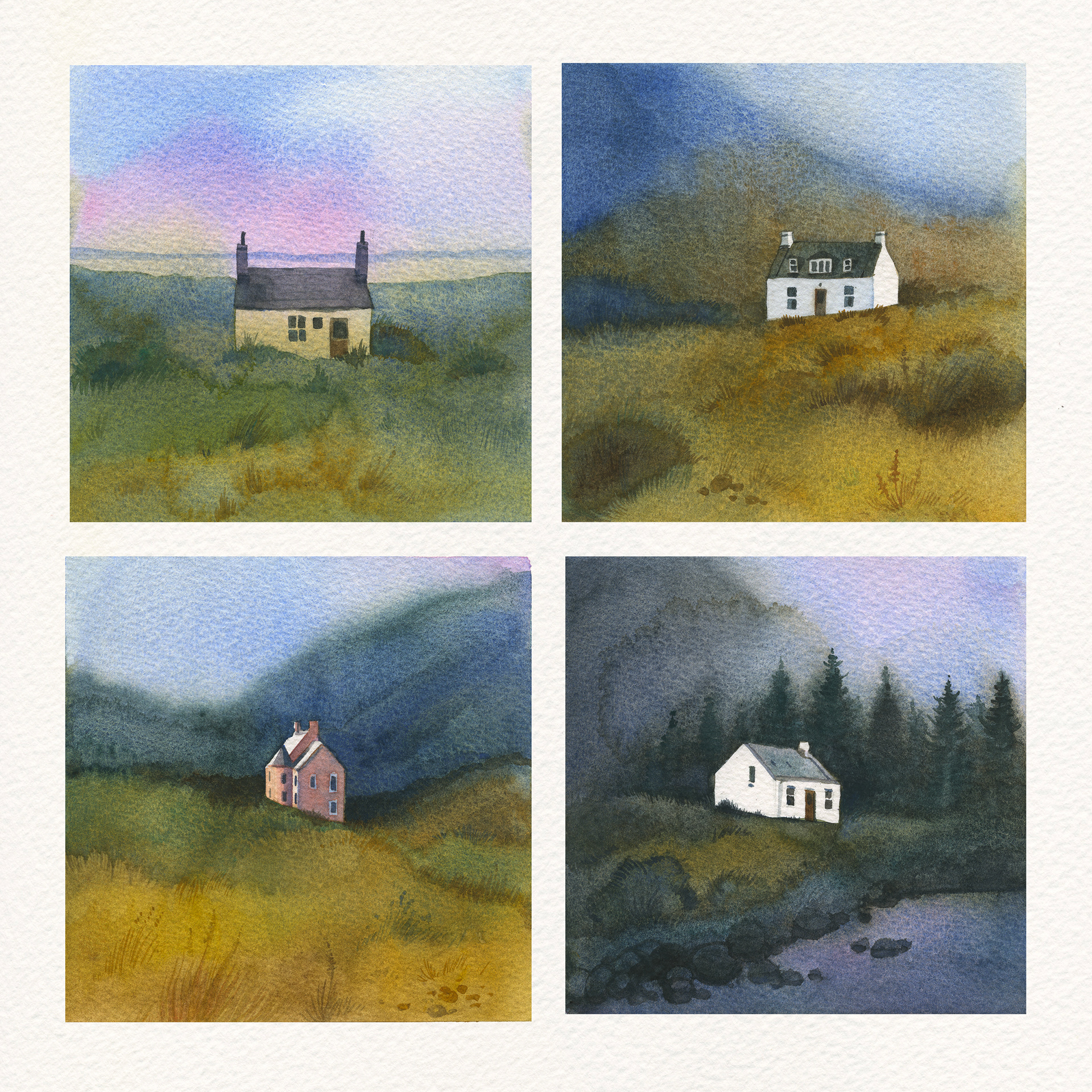 Four watercolor landscape paintings of houses in scenic settings