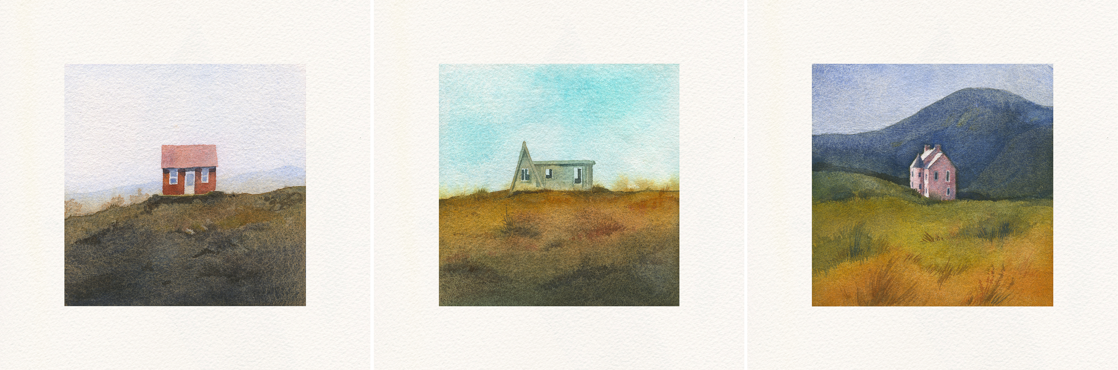 three watercolors with small lonely cottages in nordic landscapes