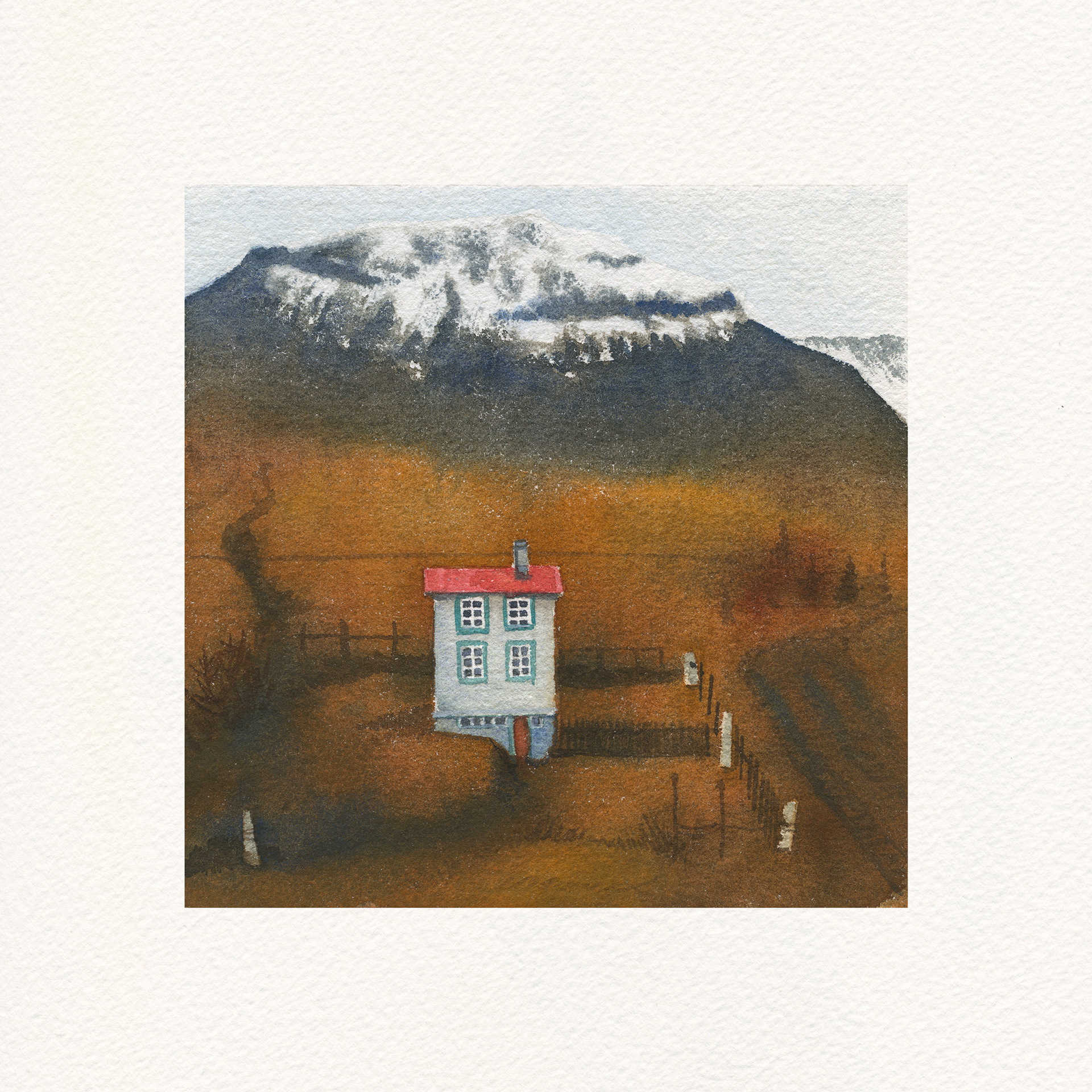 watercolor artwork of a house with mountains in the background
