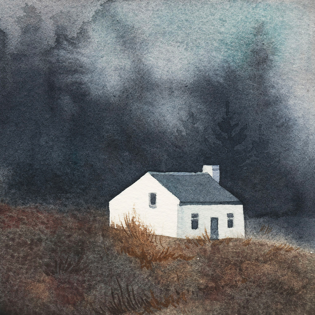 watercolor landscape with a small white cottage in the forest