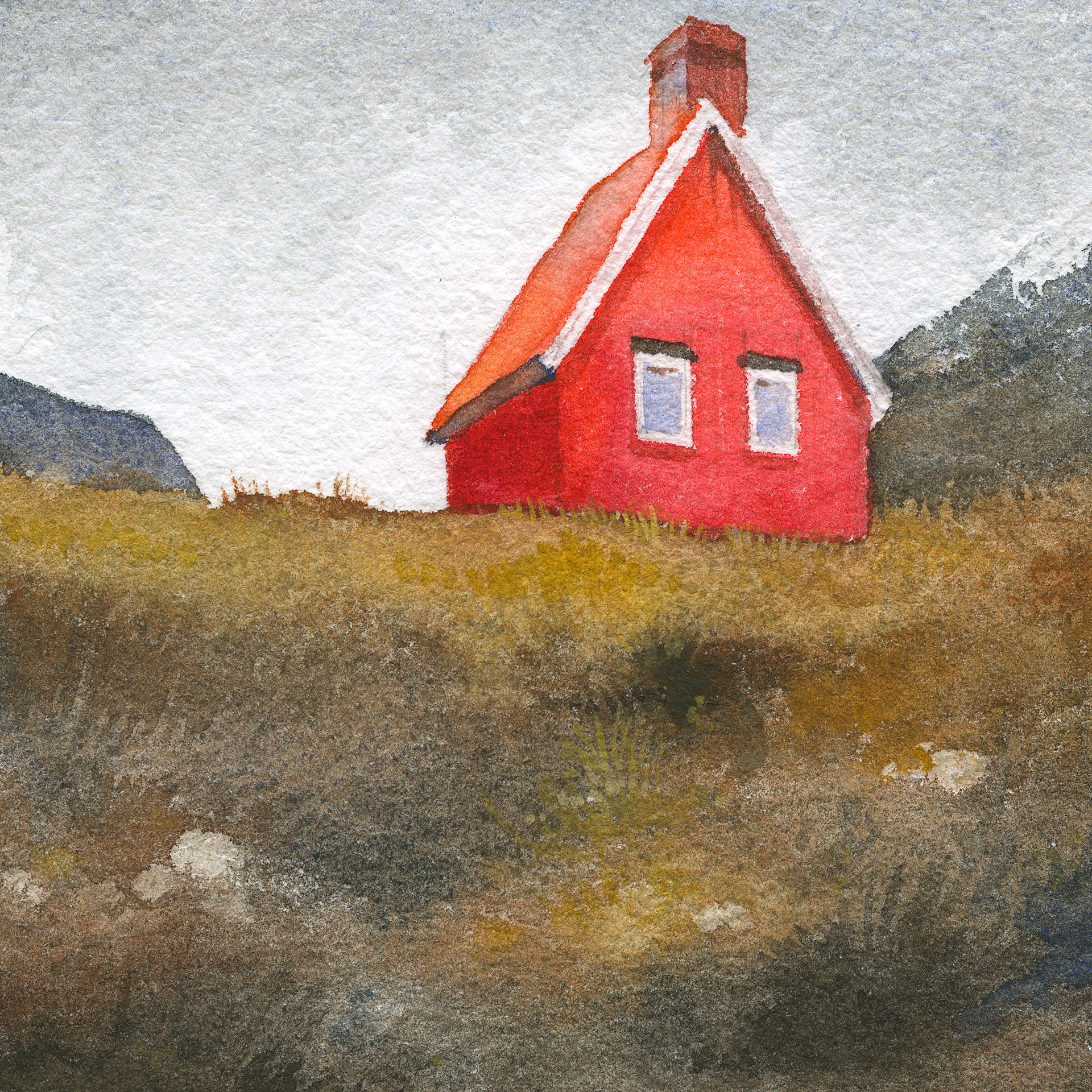 Watercolor artwork of a red house in a field with mountains, detail
