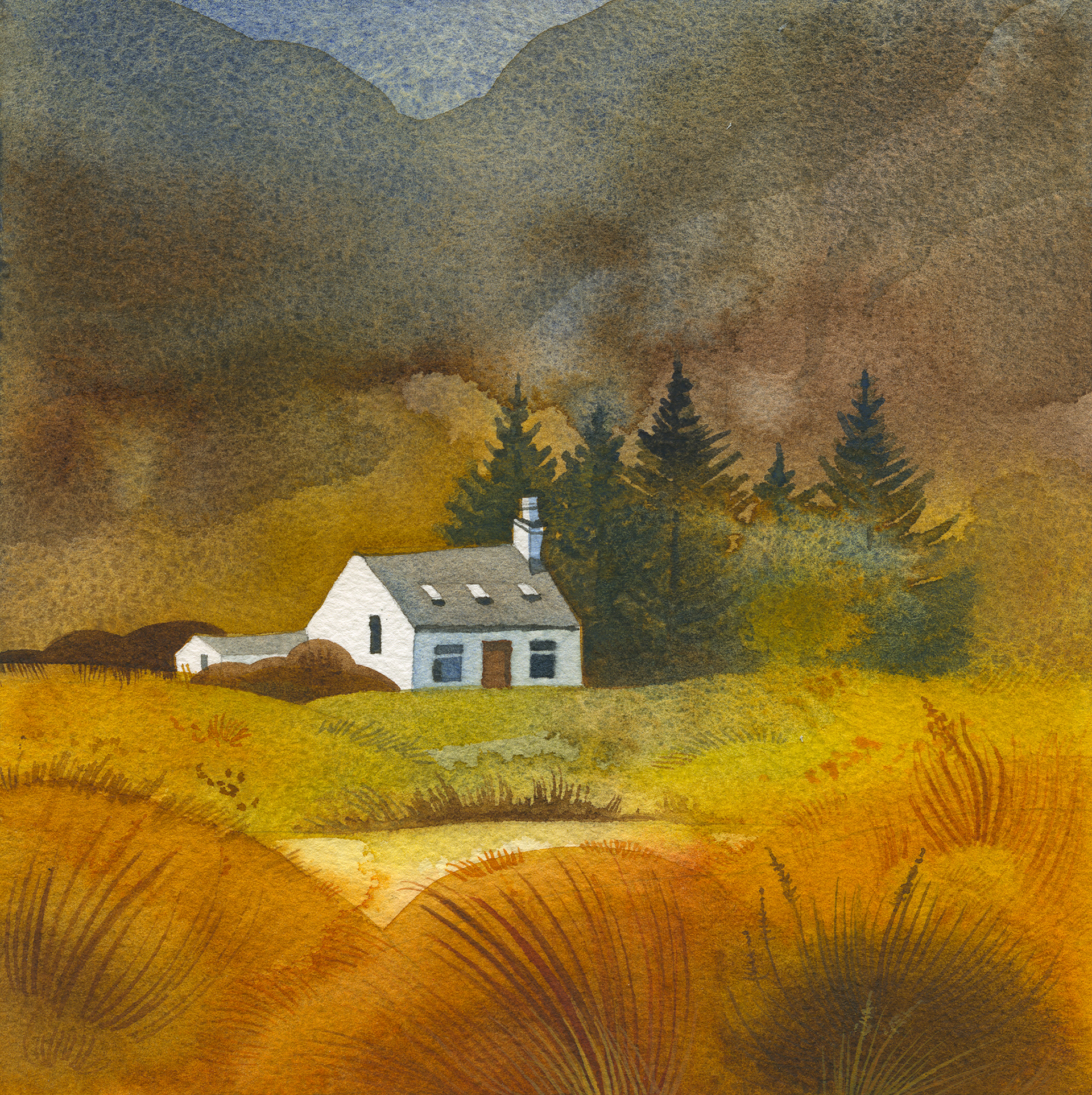 watercolor painting of a small house in a field with trees in the background