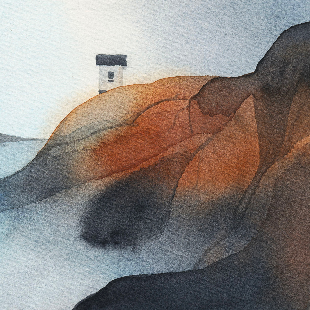 watercolor landscape with a small white cottage in the top of the stone hill