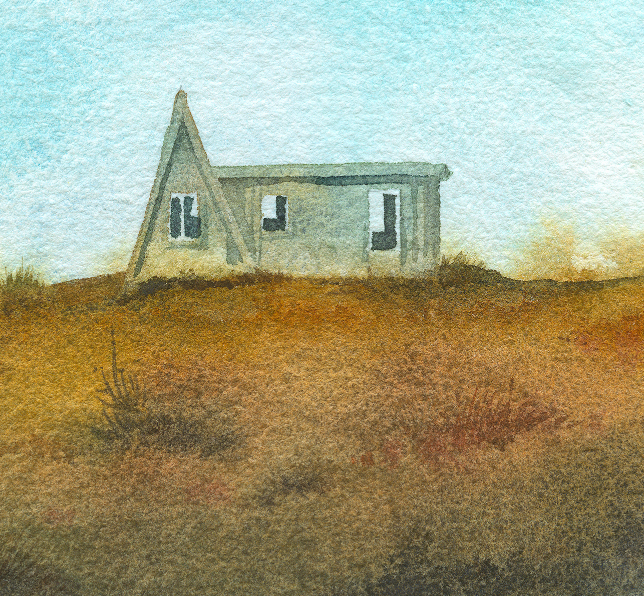 watercolor artwork of a small a-frame house on a hillside