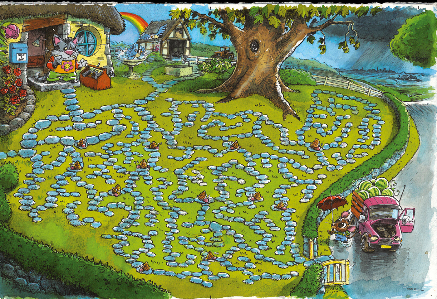 Perle & Bøf, Miwer, labyrint, børnebog, children book, maze, illustration, Miwer, tegning, , Michael Wettendorff