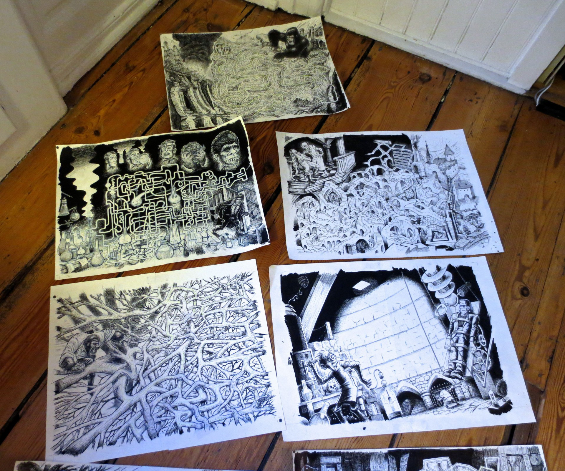 Horror, monstre, illustration, Miwer, tegning, drawings, bog, book, udgivelse, publishing, mazes, labyrinth, labyrint, findebog, Forlaget Carlsen