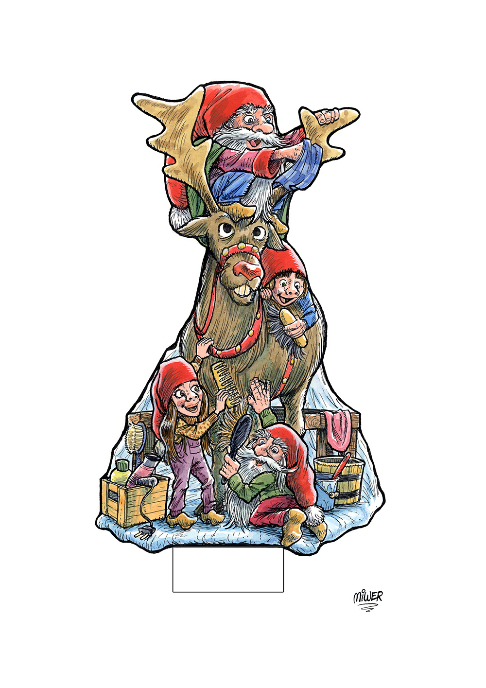 Nisser, kravlenisser, kravlenisseark, Miwer, jul, x-mas, christmas, elves, rensdyr, reindeer, illustration, tegning, udklip, jul, julehygge, Michael Wettendorff