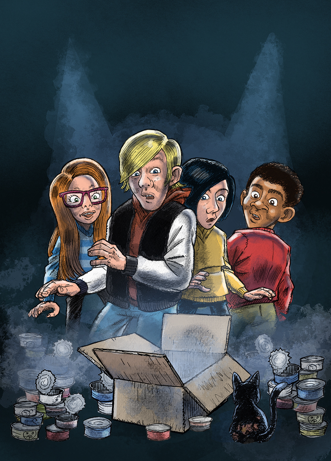 KLUB 4, Per Østergaard, Forsideillustration, Tusch, pen, Photoshop, Forlaget Alinea, Ink, Alinea Publishing Company, Miwer, Cover art, Michael Wettendorff