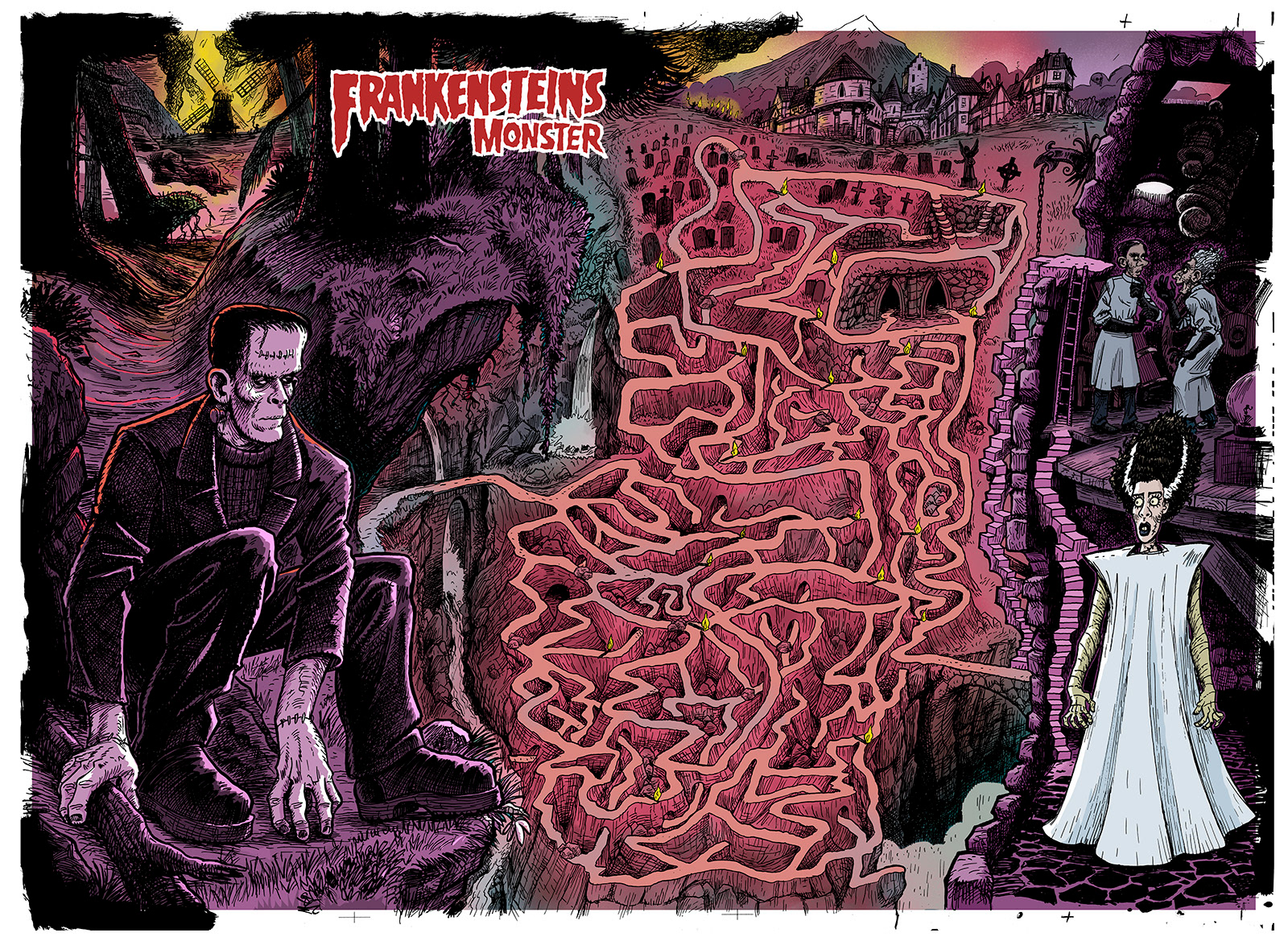 Horror, monstre, illustration, Miwer, tegning, drawings, bog, book, udgivelse, publishing, mazes, labyrinth, labyrint, findebog, Forlaget Carlsen , Michael Wettendorff