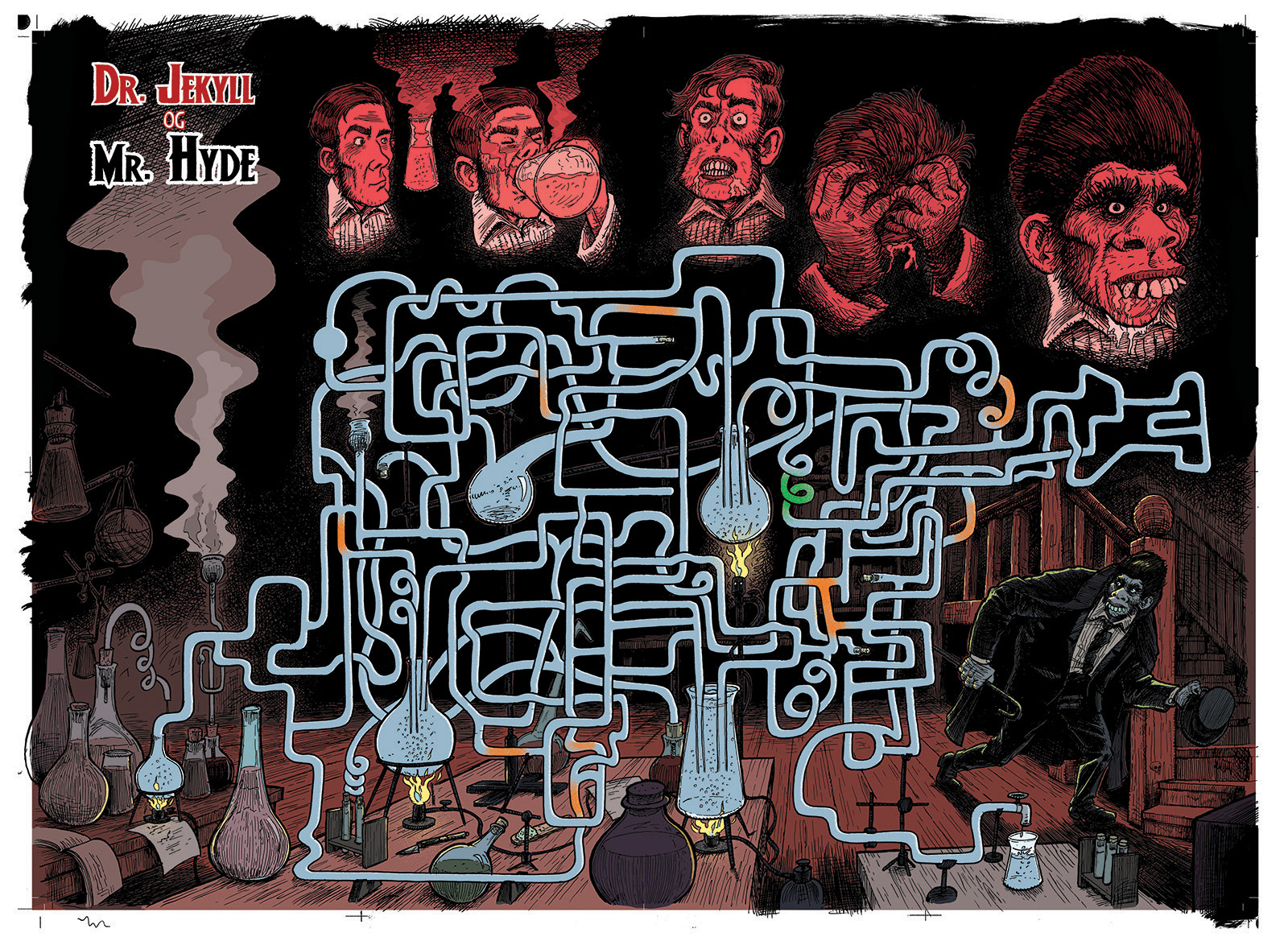 Horror, monstre, illustration, Miwer, tegning, drawings, bog, book, udgivelse, publishing, mazes, labyrinth, labyrint, findebog, Forlaget Carlsen , Michael Wettendorff