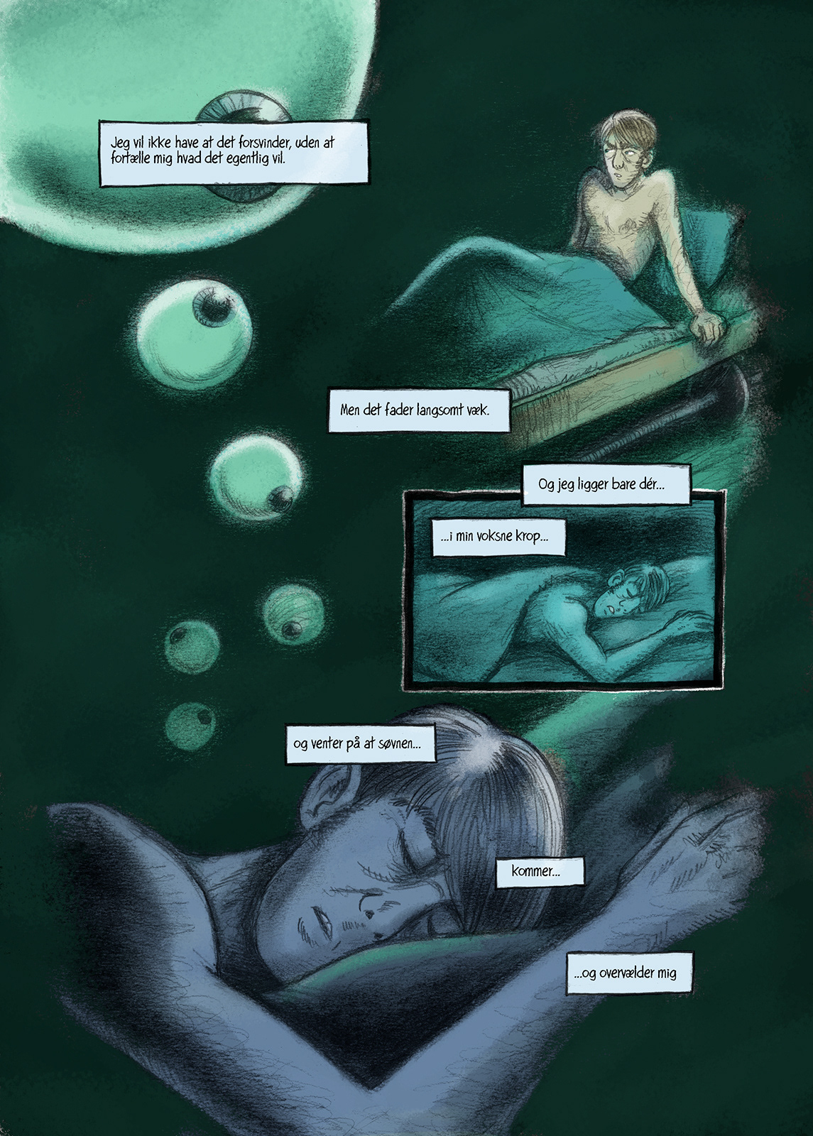 Tegneserie, tegneserier, comic, graphic novel, online comic, story, childhood memories, pencil, char coal, animated, short story, scary , eye, nordic noir, Miwer