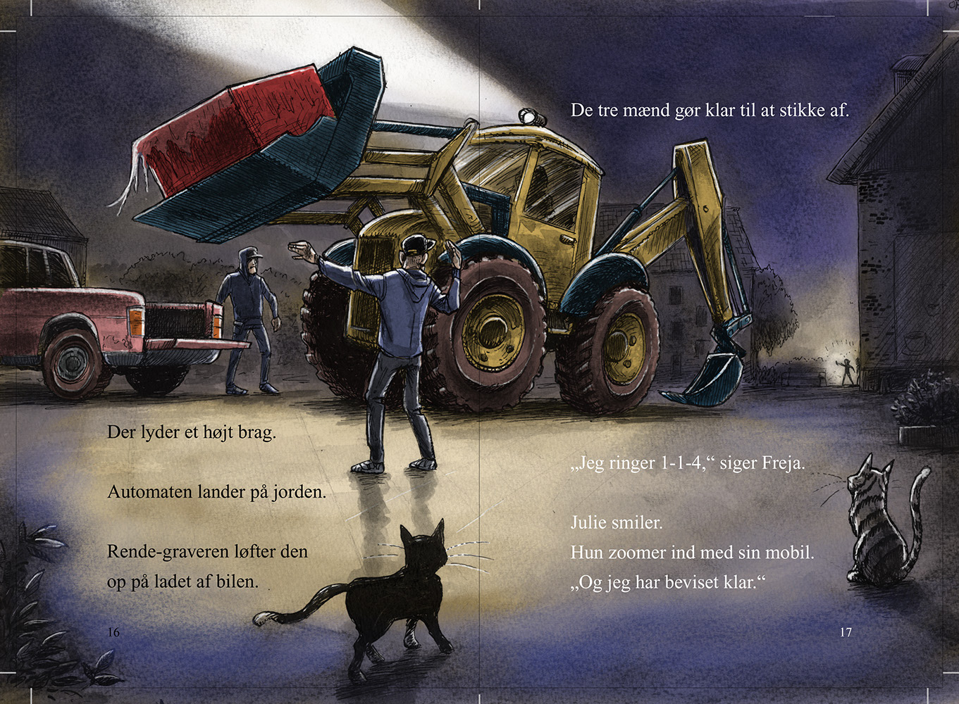 KLUB 4, Per Østergaard, Forsideillustration, Tusch, pen, Photoshop, Forlaget Alinea, Ink, Alinea Publishing Company, Miwer, Cover art, Michael Wettendorff