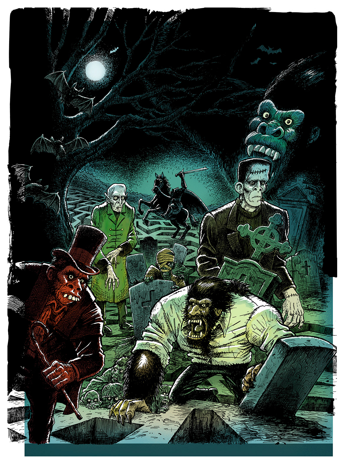 Horror, monstre, illustration, Miwer, tegning, drawings, bog, book, udgivelse, publishing, mazes, labyrinth, labyrint, findebog, Forlaget Carlsen , Michael Wettendorff