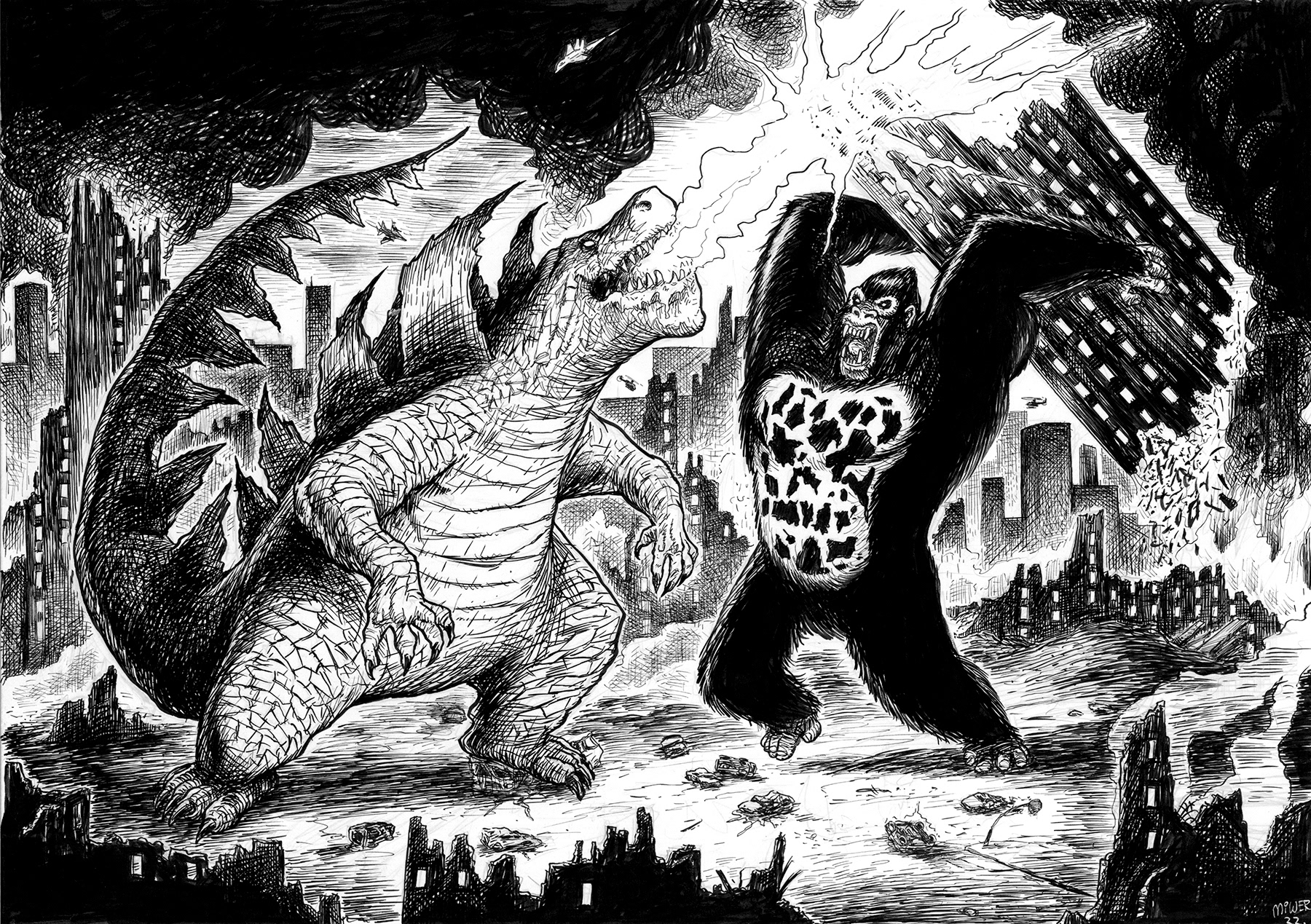 Illustration, Miwer, tegning, artwork, Michael Wettendorff, , Brush Pen, penseltusch, Kong, King Kong, Godzilla