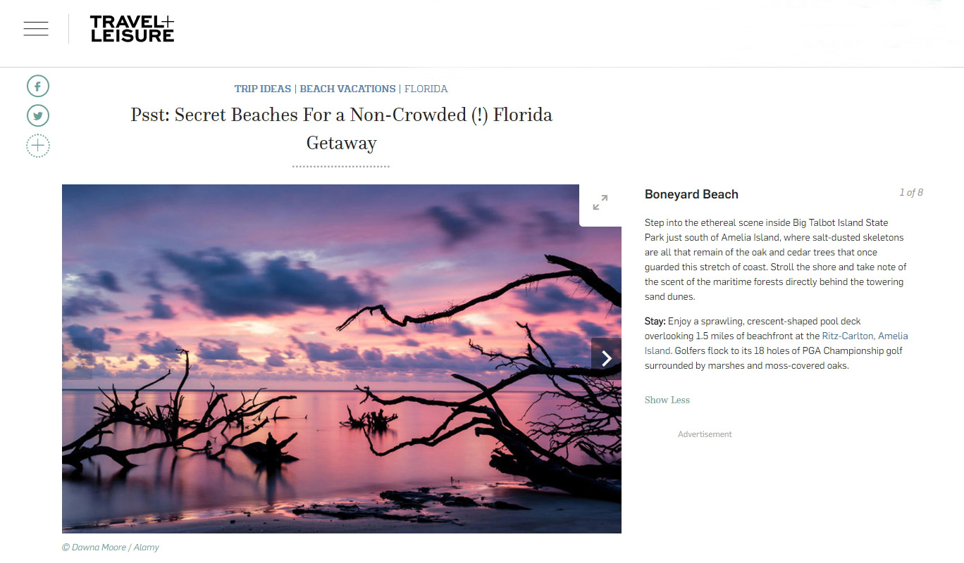 Travel + Leisure, Psst: Secret Beaches For a Non-Crowded (!) Florida Getaway