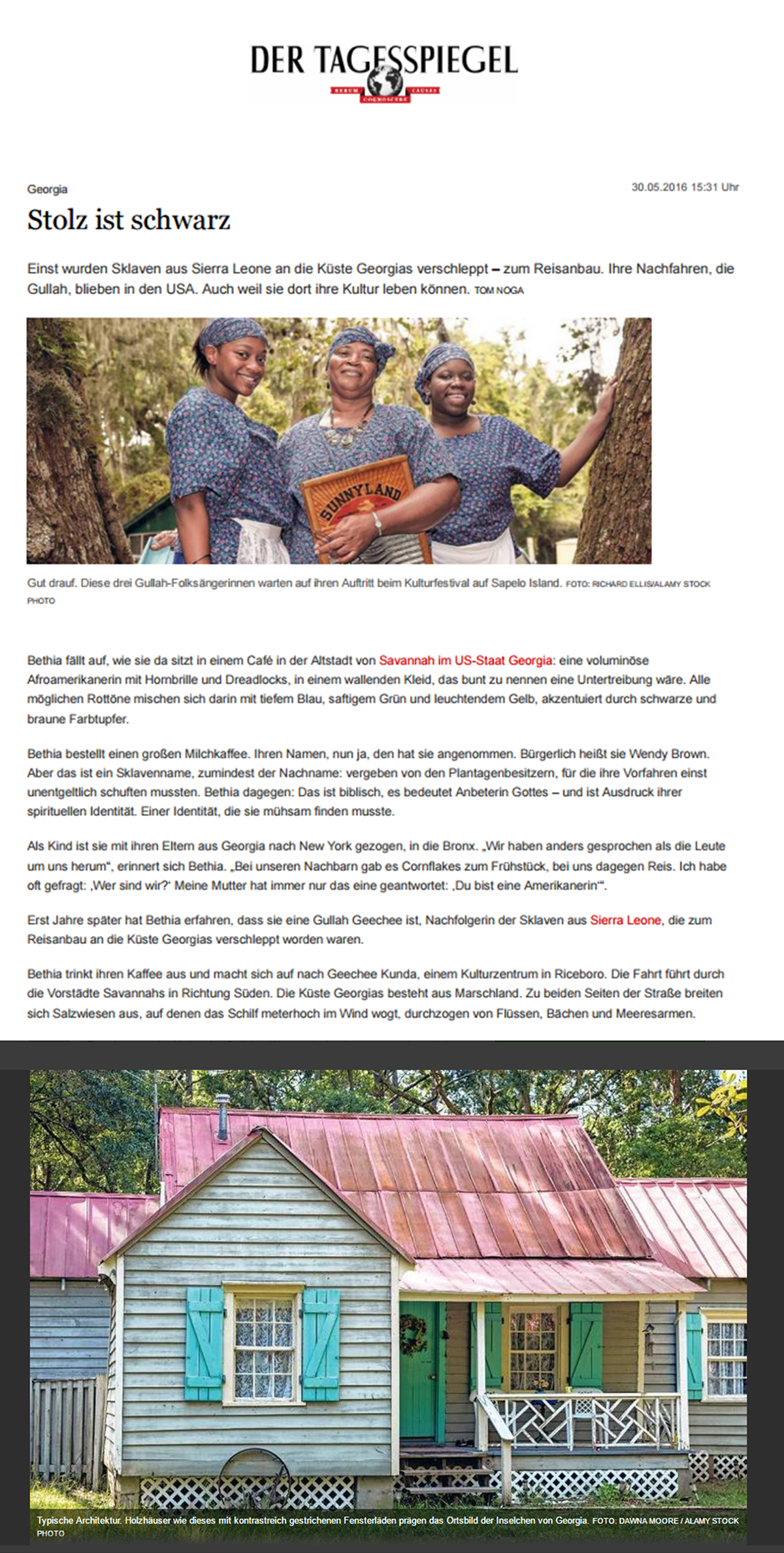 Gullah-Geechee Home in Der Tagesspiegel article on the Gullah-Geechee culture along the United States Southeastern Coast.